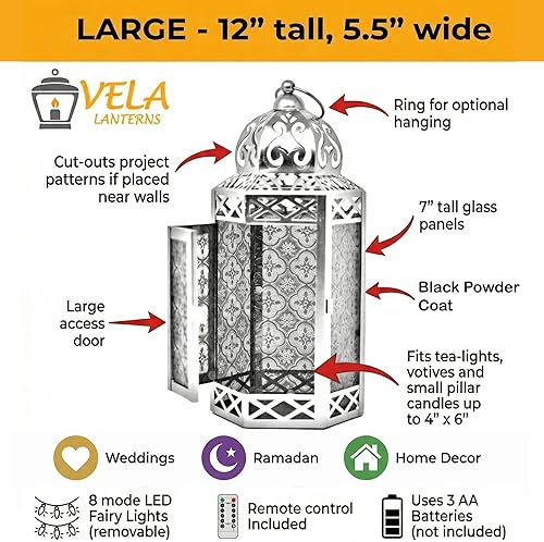 Miniatura 5 de VELA LANTERNS - Juego de 12 portavelas decorativos de metal negro marroquí con luces de hadas LED, para colgar o mesa, decoración del hogar