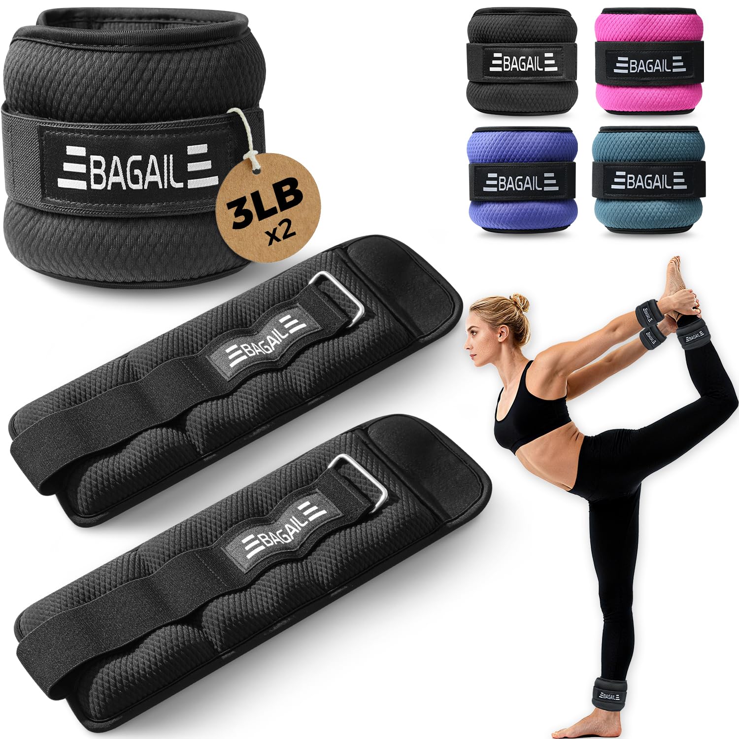 BAGAIL Ankle and Wrist Weights Set (1.36kg x 2) - Arm & Leg Weights for Men and Women - Adjustable Size, Secure Fit and Sleek Design for Walking, Running, Home Workouts & Physical Therapy - Black