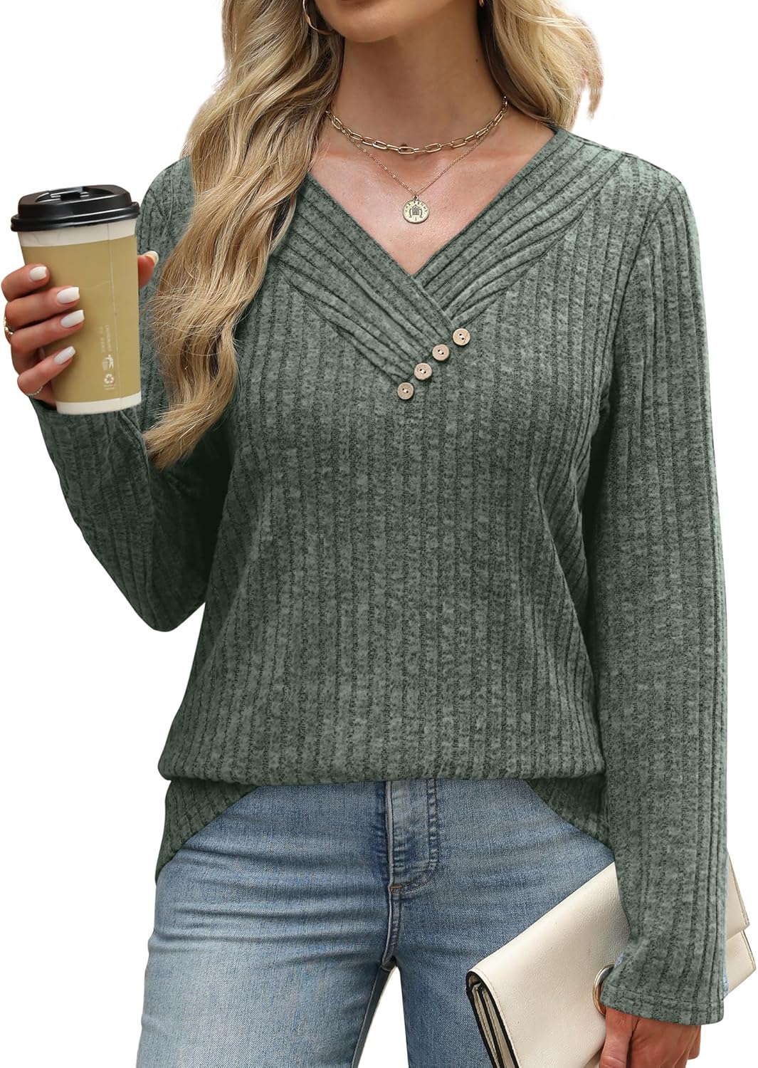 SAMPEEL Sweaters for Women Long Sleeve Shirts V Neck Tops with Buttons Fall Fashion Outfits Winter Clothing 2025 - Image 3