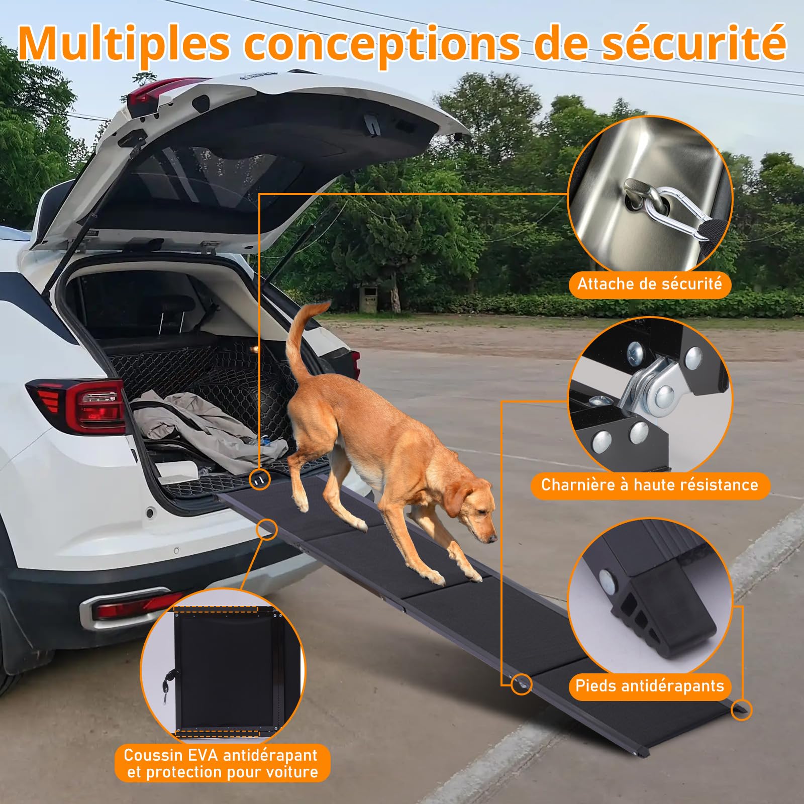 Rampe pour Chien Voiture Pliable 180 x 50 cm, jusqu'à 70 kg, Surface Antidérapante, Cadre en Aluminium Léger