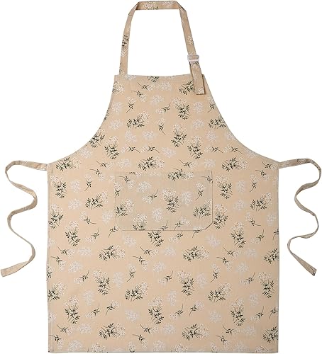Delantal de cocina con estampado floral, algodón beige con estampado de margaritas, correa ajustable para el cuello
