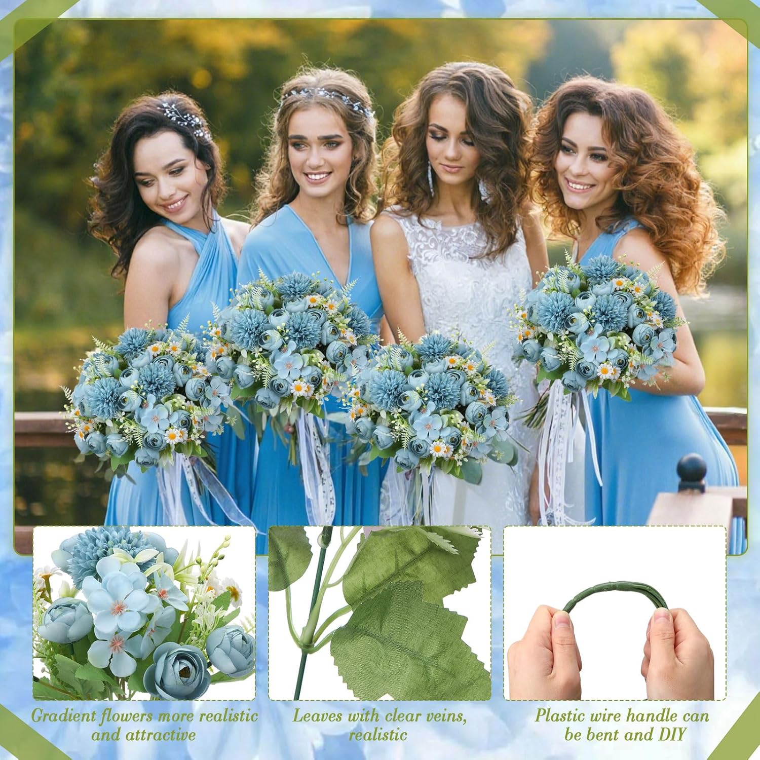 Tigeen 12 Bundles Peonies Artificial Flowers Faux Roses Silk Flowers Hydrangea Artificial Bouquet for Wedding Table Centerpiece Floral Vase Home Office Bridal Decor (Mist Blue) - Image 3