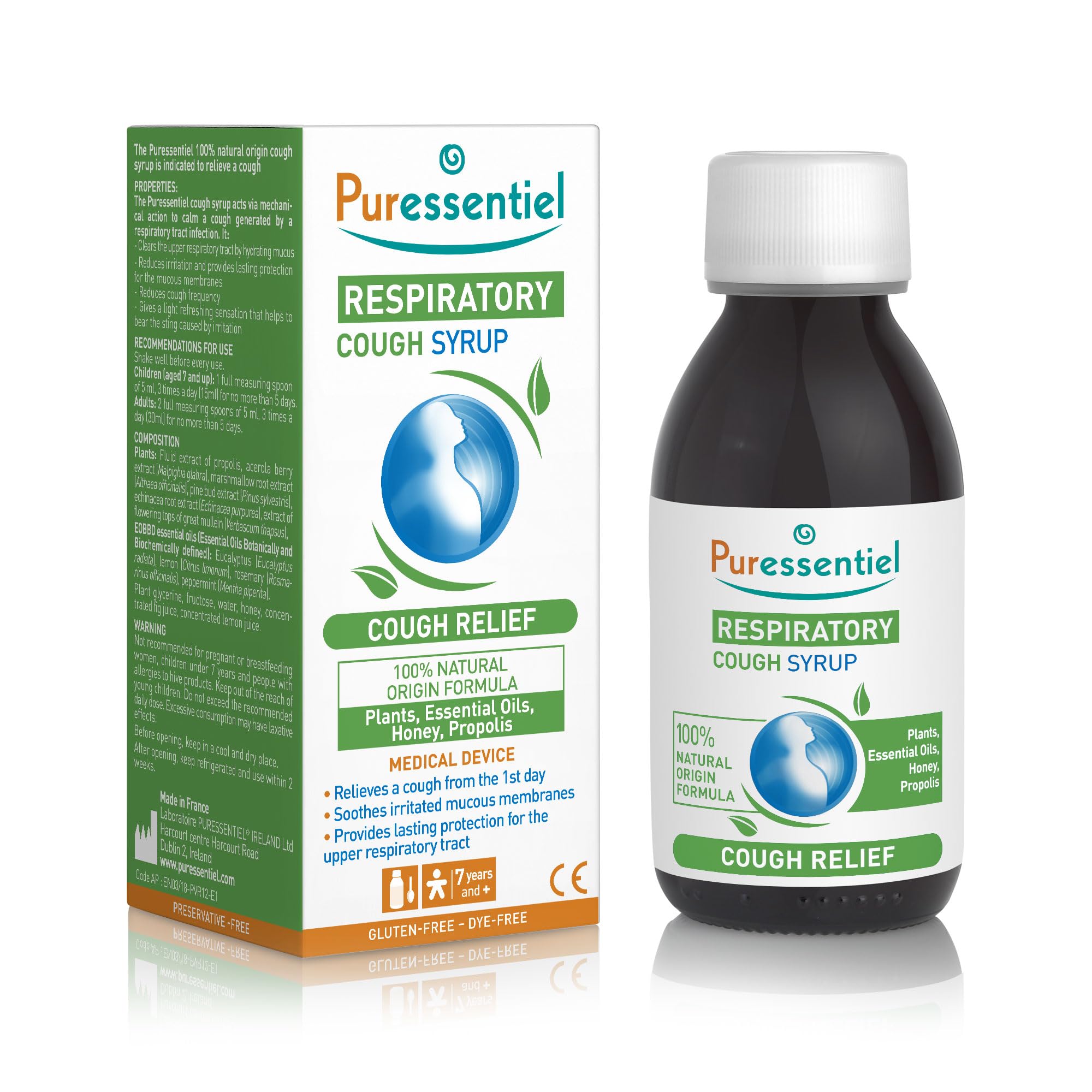 Puressentiel Respiratory Cough Syrup 125ml - Cough Relief for All Coughs + Cold & Flu - Chesty Cough, Mucus Cough - 100% Natural Origin Medical Device - Essential Oils & Honey - for Children Aged 12+