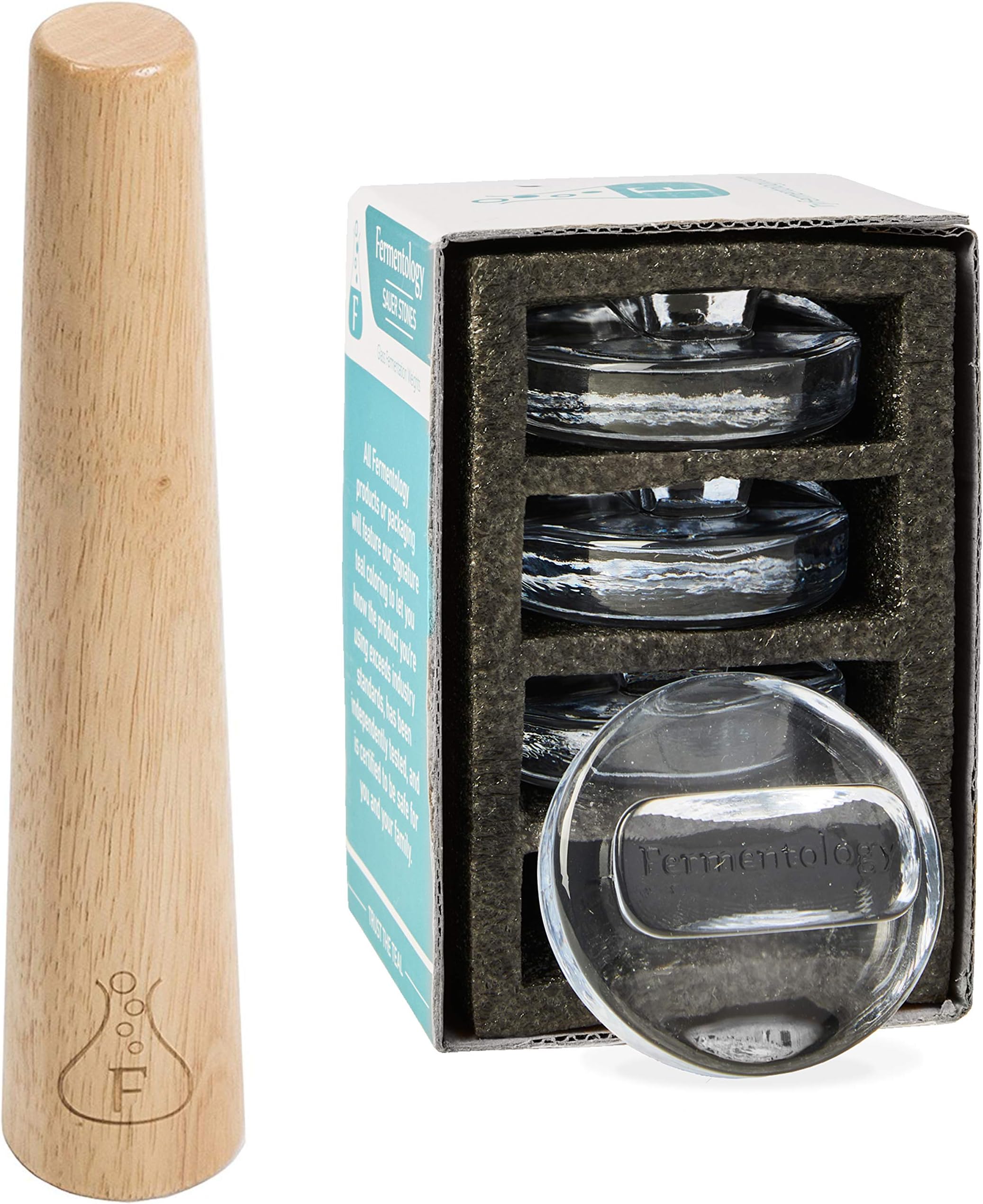 Fermentation Weights and Smasher Combo - Sauer Stones Glass Fermentation Weights and Sauer Stick Kraut Smasher - FOR WIDE MOUTH MASON JARS