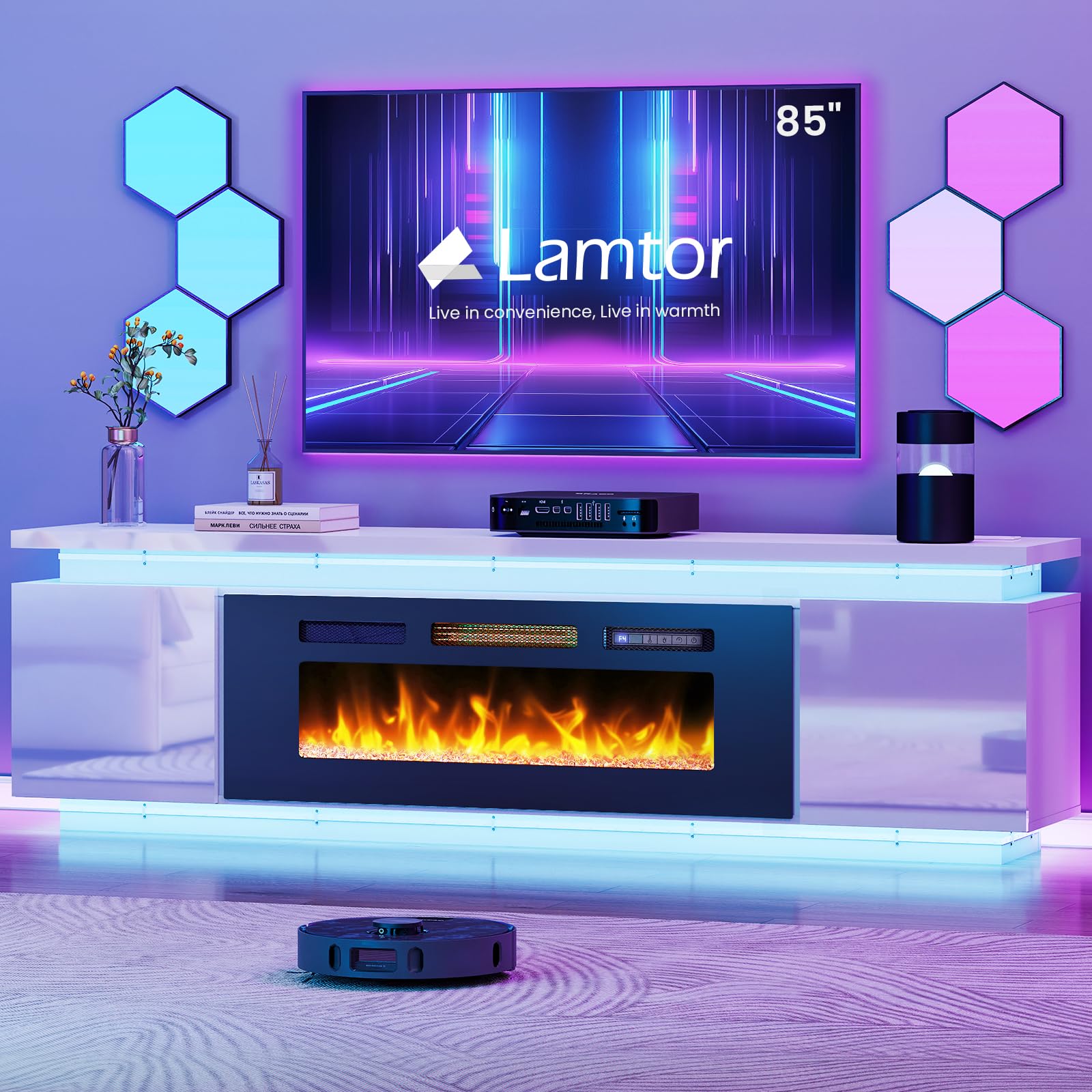 Photo 1 of ***Only Box 2 Of 2*** Fireplace TV-Stand with 40" Fireplace - 2 LED Light TV-Stand for 85 inch TVs, Entertainment Center with 4 AC Power Outlets, Storage 2 Tier TV Consoles Stand for Living Room, Easy Assembly, Light White