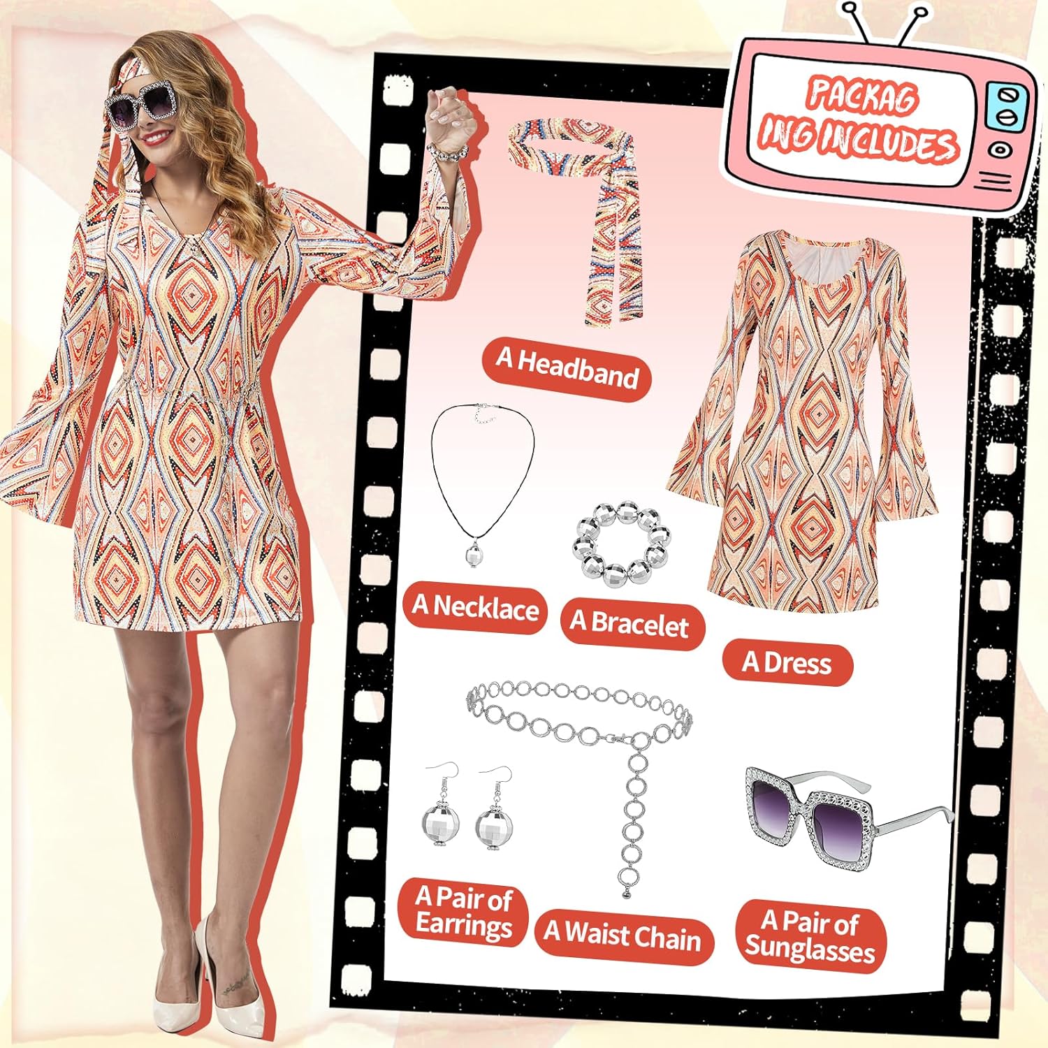 70s Disco Outfits for Women, 7 Pcs 60s Outfits Hippie Costume Women Accessories Jewelry Prom Bling Dress - Image 4