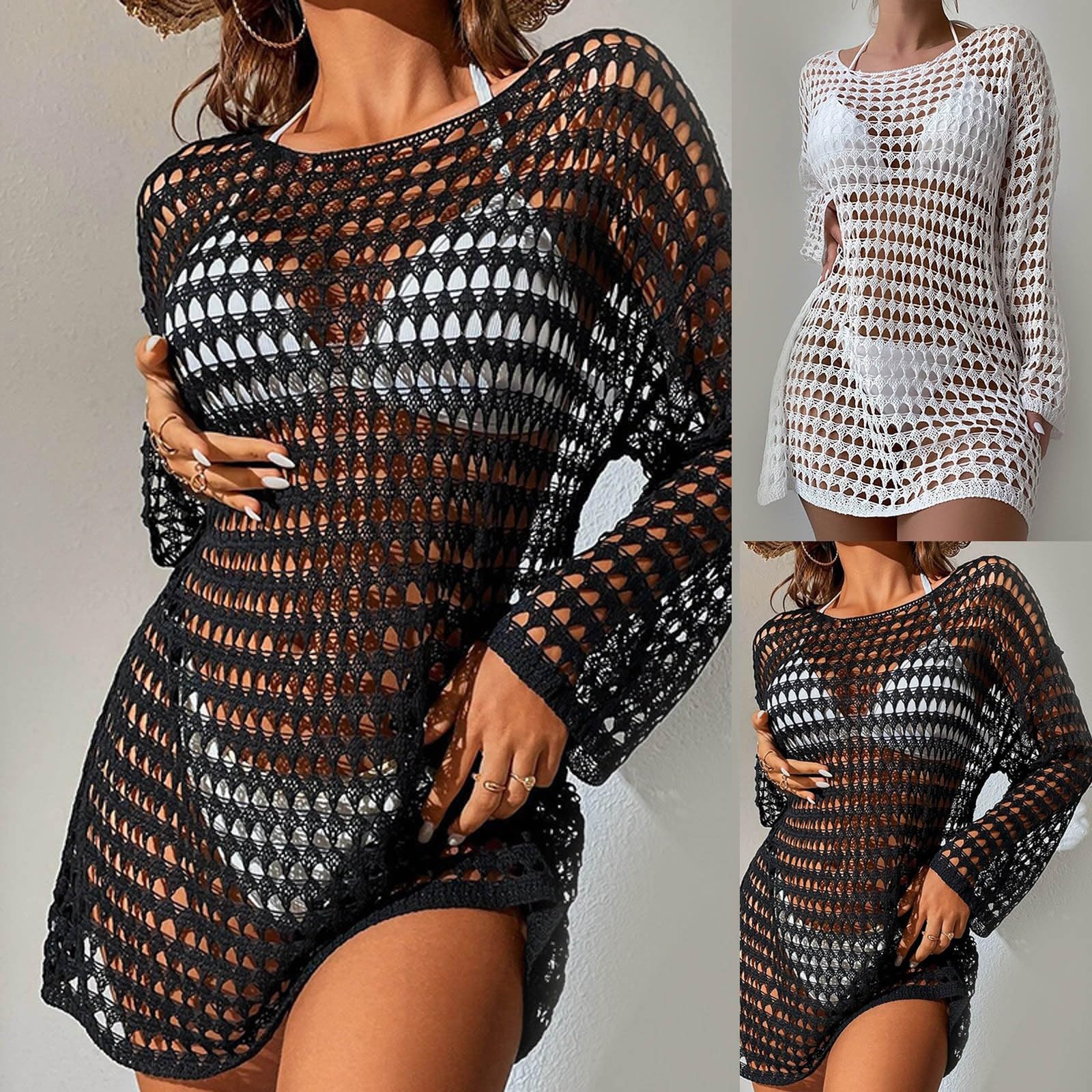 Strandkleid See Through Hollow Out Bikini Cover Ups Tops Women Beachwear Long Sleeve Beach Dress Crop Tops Crochet Swimsuit Cover-Up Strandkleider(White)