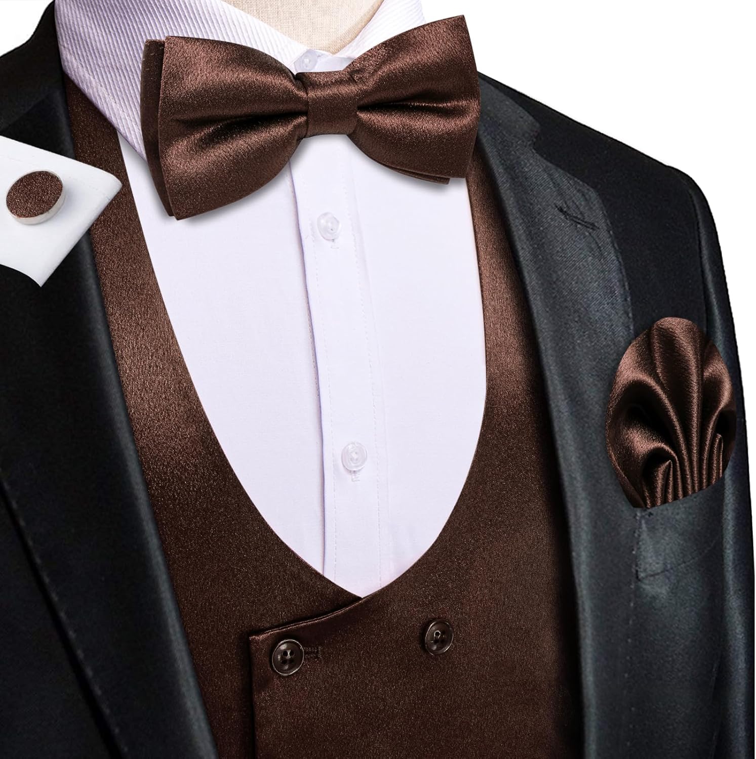 Hi-Tie Mens Silk Double-Breasted Suit Vest Tie Pretied Bowtie and Pocket Square Cufflinks Slim Fit Wedding or Business Tuxedo - Image 2