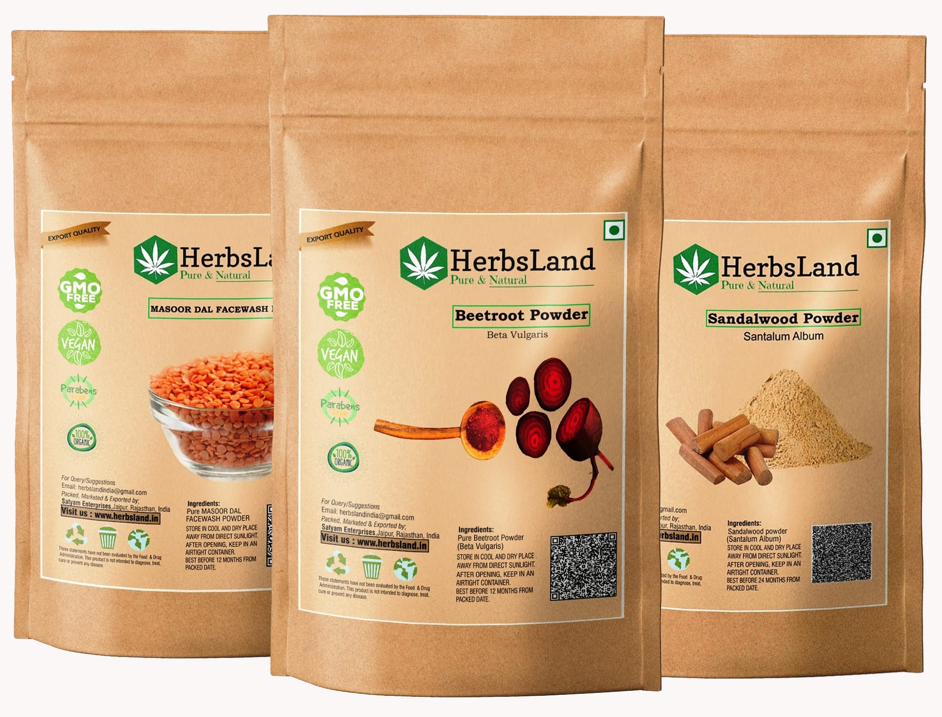 HerbsLand® 100% Natural Beetroot (SuperFood) (Beta Vulgaris), Masoor Dal (Red Lentils-Seed) FacePack and Sandalwood (Chandan) Powder For Face & Skin Care (100gm Each)