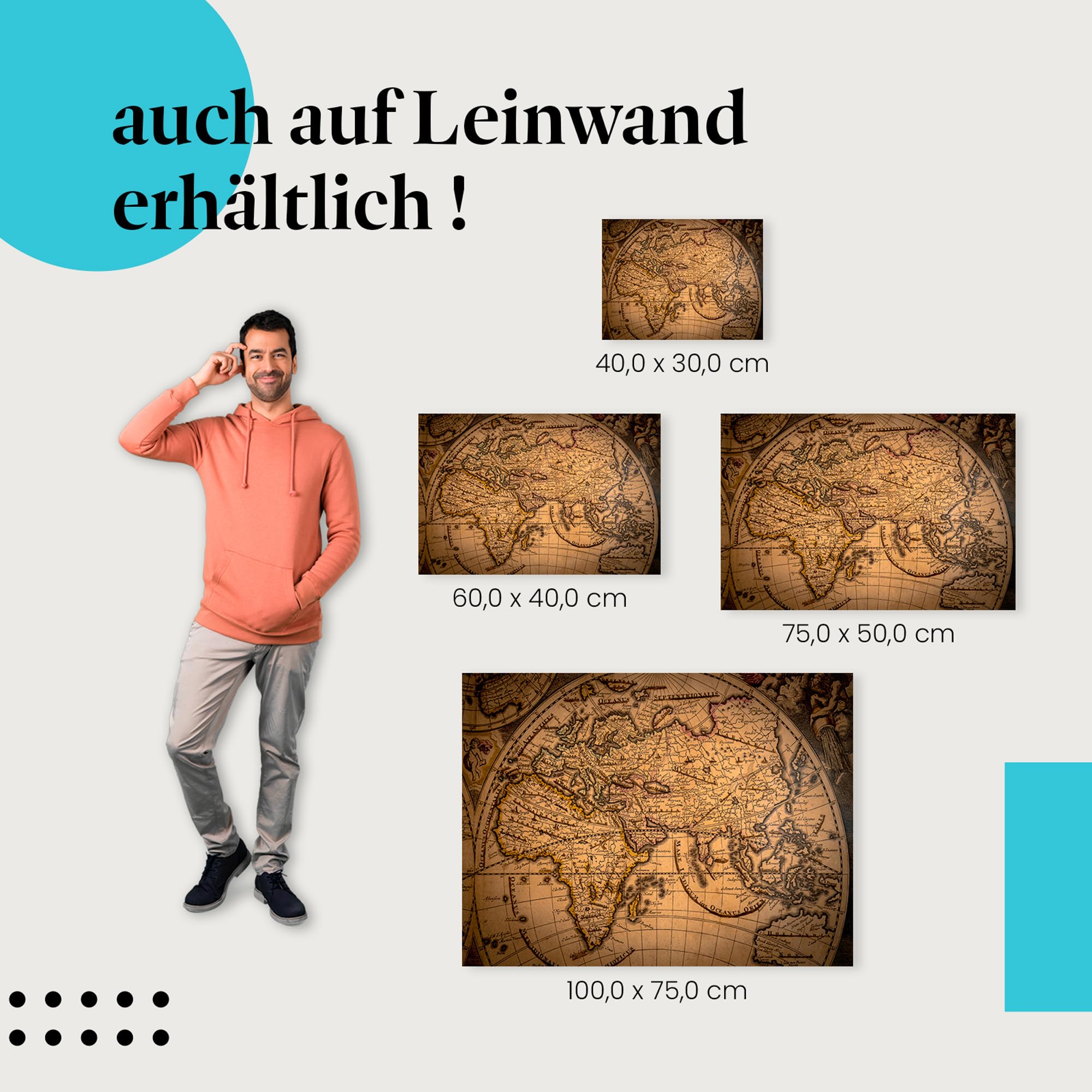 Postereck - 3336 - Landkarte, Rustikal Retro Alt Weltkarte Antik - Unterricht Klassenzimmer Schule Wandposter Fotoposter Bilder Wandbild Wandbilder - Leinwand - 100,0 cm x 75,0 cm