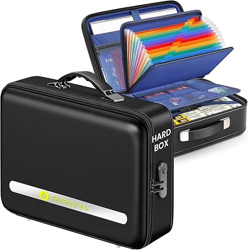 DEEGO Caja de documentos ignífuga, resistente al fuego, caja fuerte para documentos del hogar con carpeta de archivo de acordeón extraíble, caja de