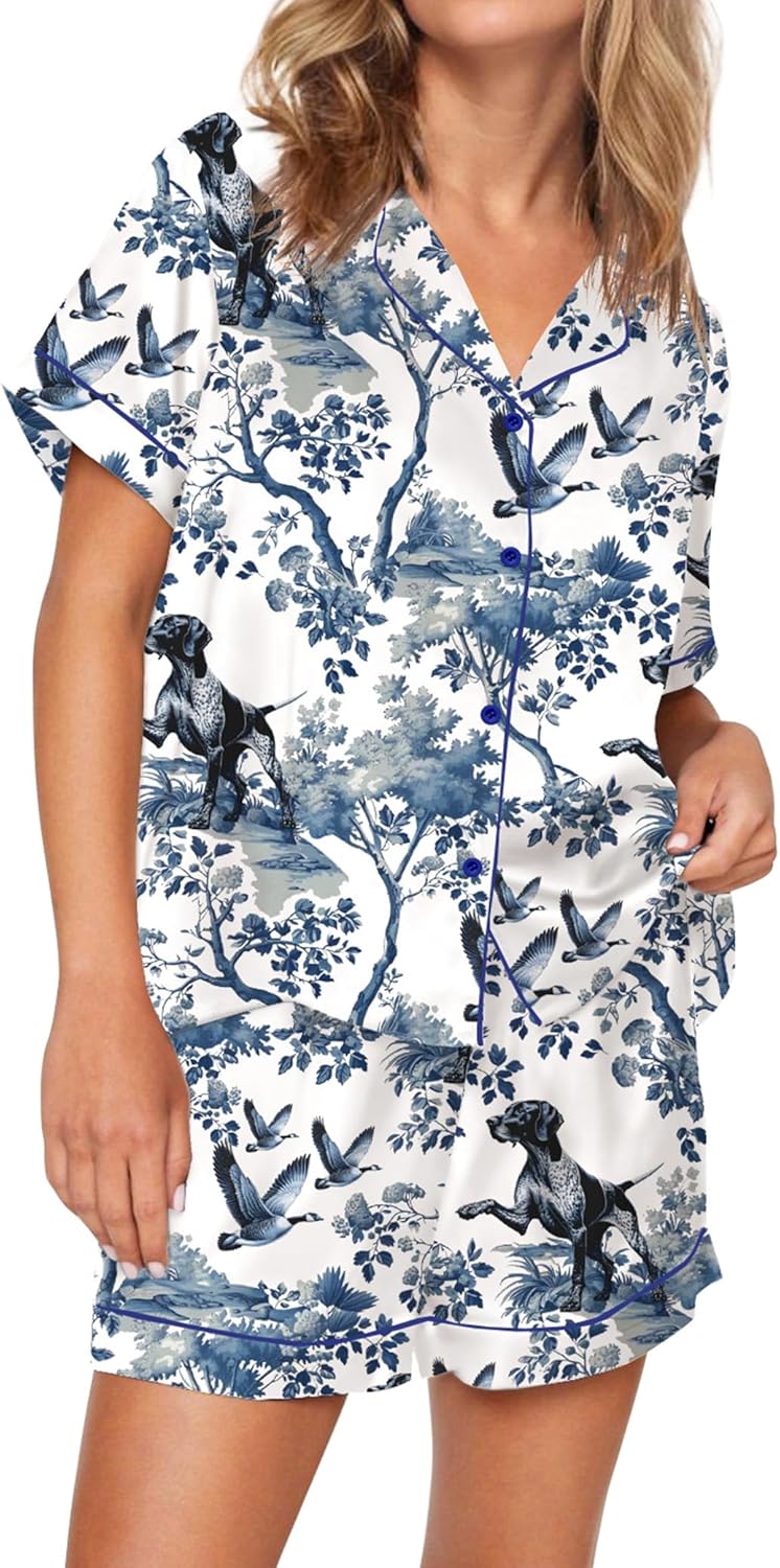 SHESHOW Satin Pajamas for Women Set Preppy Animals Pjs Short Sleeve Shorts 2 Piece Loungewear Sets XS-XXL - Image 2