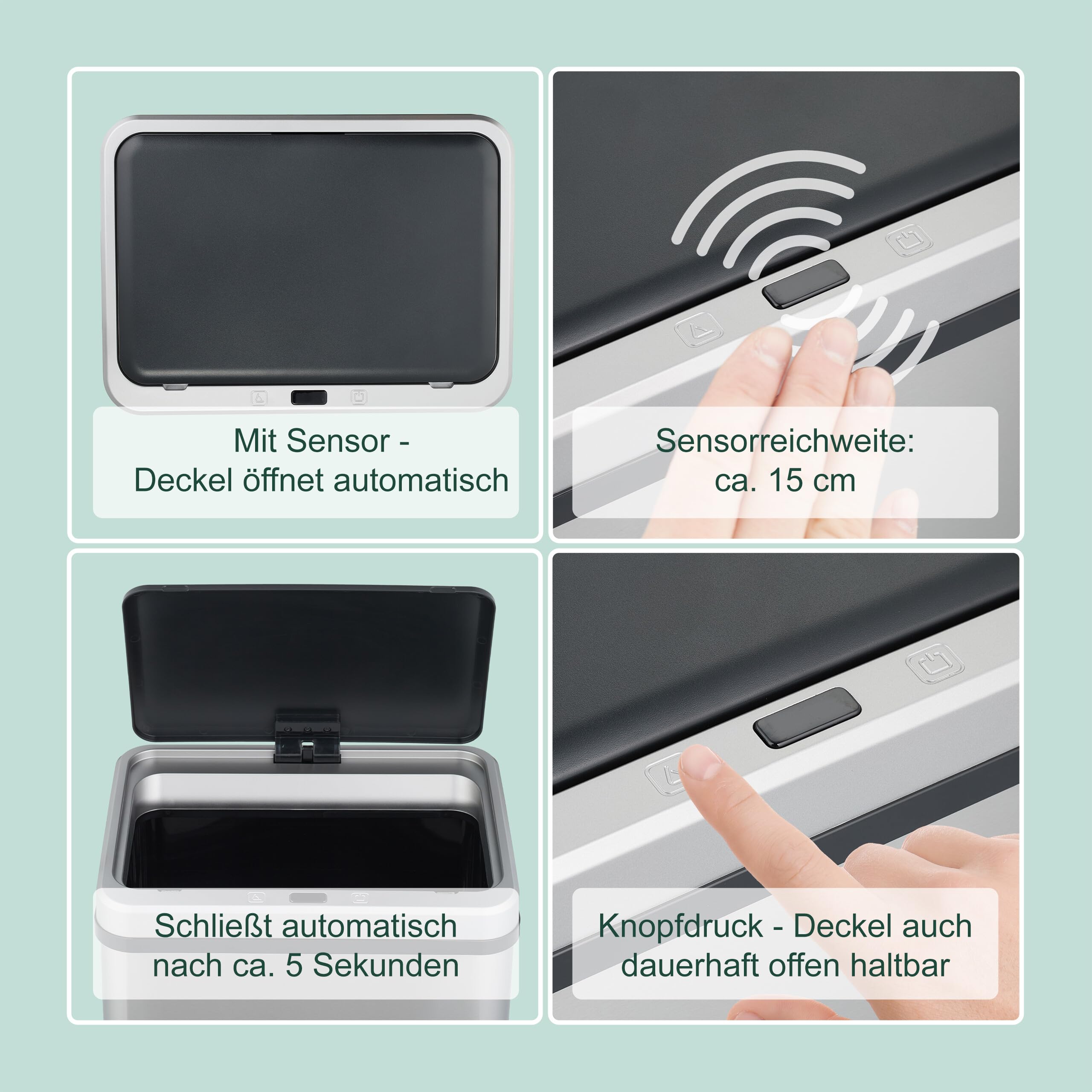 Relaxdays Mülleimer Sensor, 50 l, elektrischer Deckel, Müllbeutelhalter, Küchenmülleimer, Abfalleimer, Edelstahl, Silber