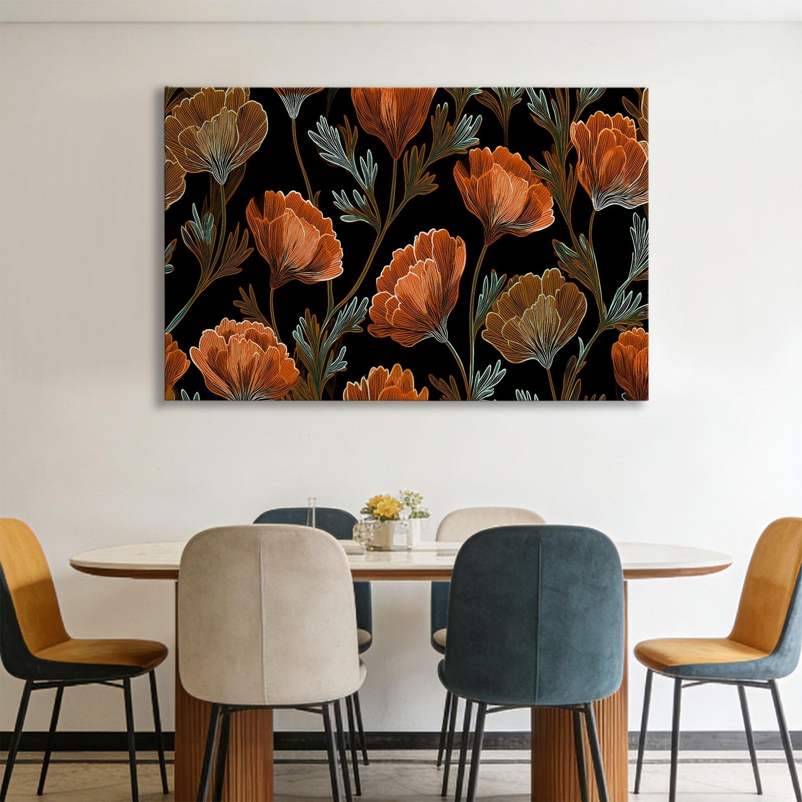Vintage Pastoral Blumen Orange Wildblumen Modernes Leinwandbild 140L x 70B cm mit Rahmen, Landhausstil XXL Wanddeko für Wohnzimmer Geschenk Idee Einzug - Hochwertiger Kunstdruck auf Holzrahmen