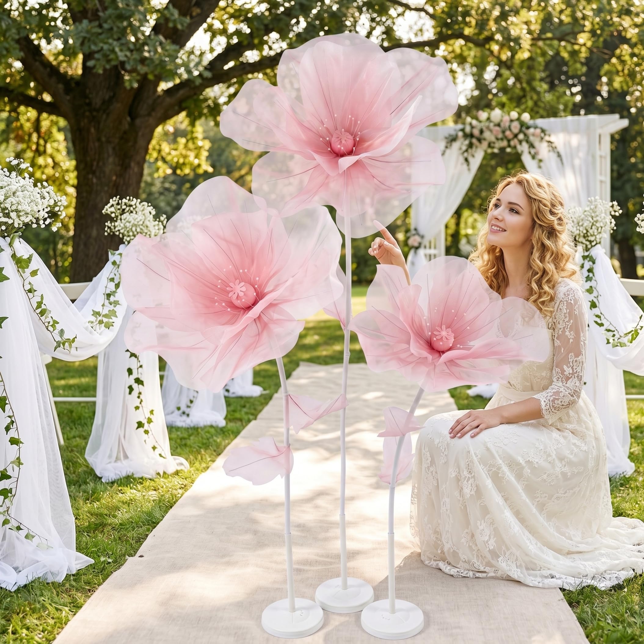 Große Papierblumen, 3-köpfige riesige Organza-Blume mit Ständer, große Blumen-Hintergrunddekoration für Garten, Hotel, Fotografie-Requisiten, Hochzeit, Stil 1