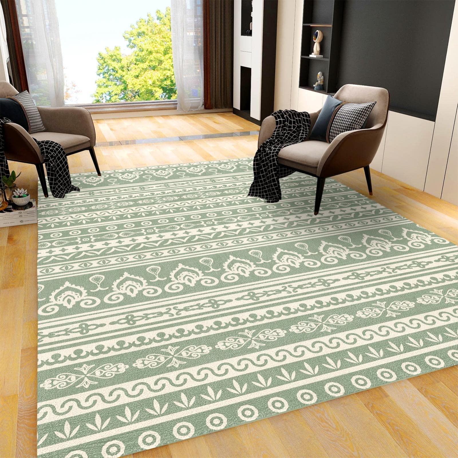 Tapis moderne à rayures tribales - 140 x 200 cm - Vert sauge - Antidérapant - Résistant aux taches - Tapis de sol pour salon - Design doux et durable