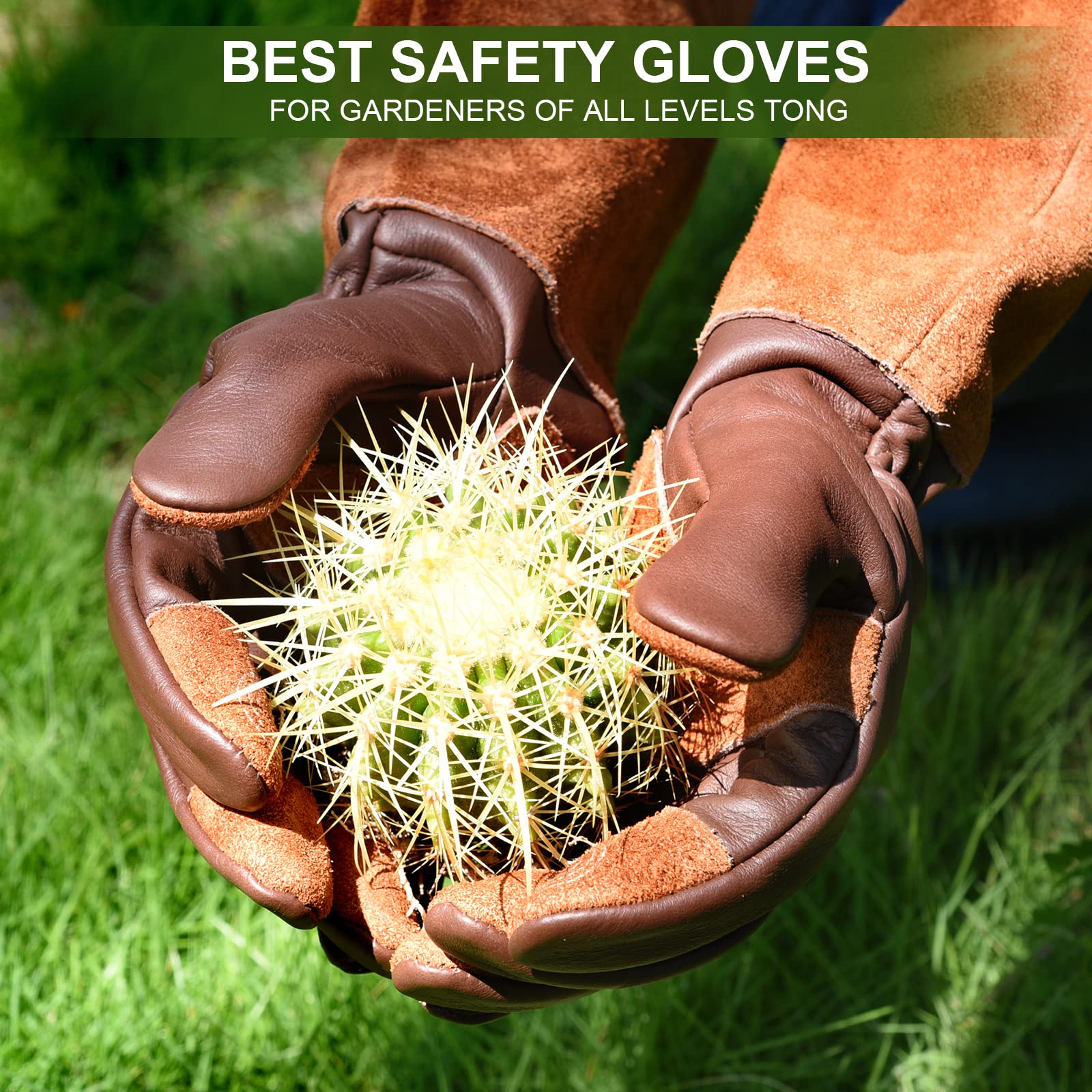 Lange Gartenhandschuhe für Damen, dornsicher, rosenbeschneidend, Rindsleder, Gartenhandschuh für Kakteen, Rosen und Brombeere (Größe M, Dunkelbraun)
