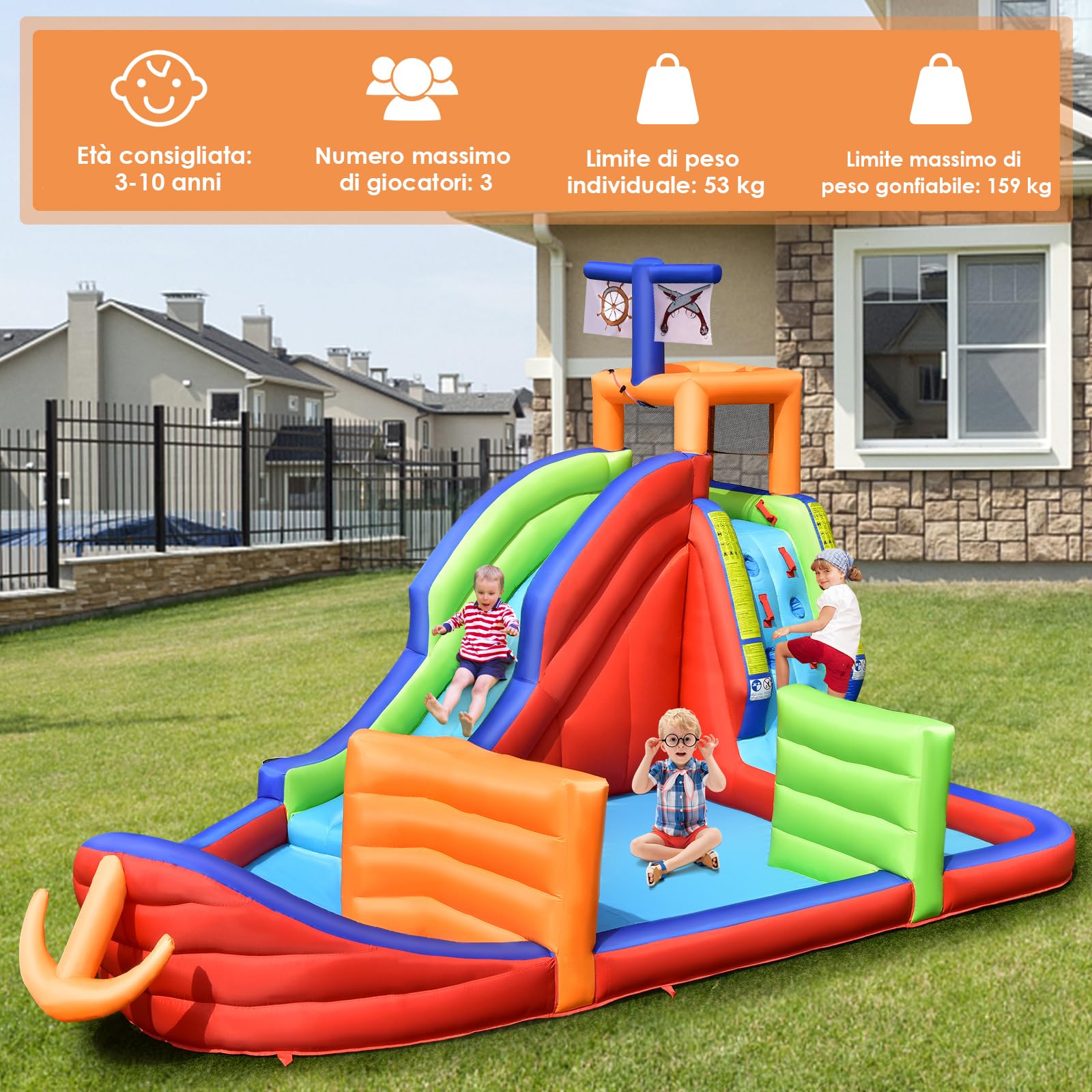 COSTWAY Castello Gonfiabile per Bambini 6 in 1, con Scivolo, Parete per Arrampicarsi, Piscina, Freccette, Gioco di Lancio, Pistole Acquatiche e Borsa, Ideale per 3 Bambini con Età 3-10 Anni