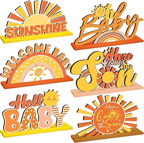 Miniatura 7 de 6 piezas Here Comes the Son - Decoraciones de baby shower, centro de mesa retro bohemio para decoración de mesa de madera, decoración de baby