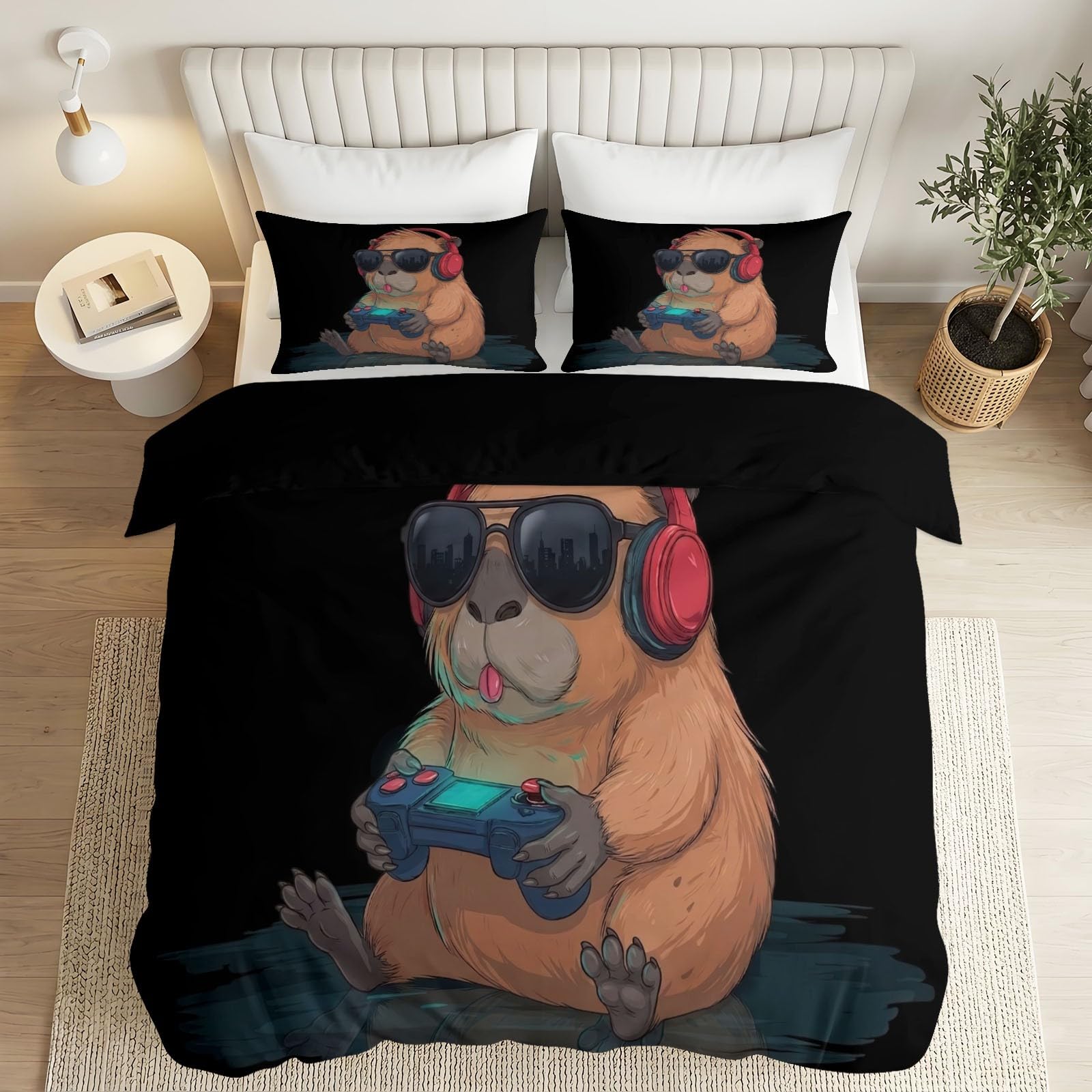 Housse de couette manette jeu et capybara hypoallergénique pour lit simple enfant anti-transpiration