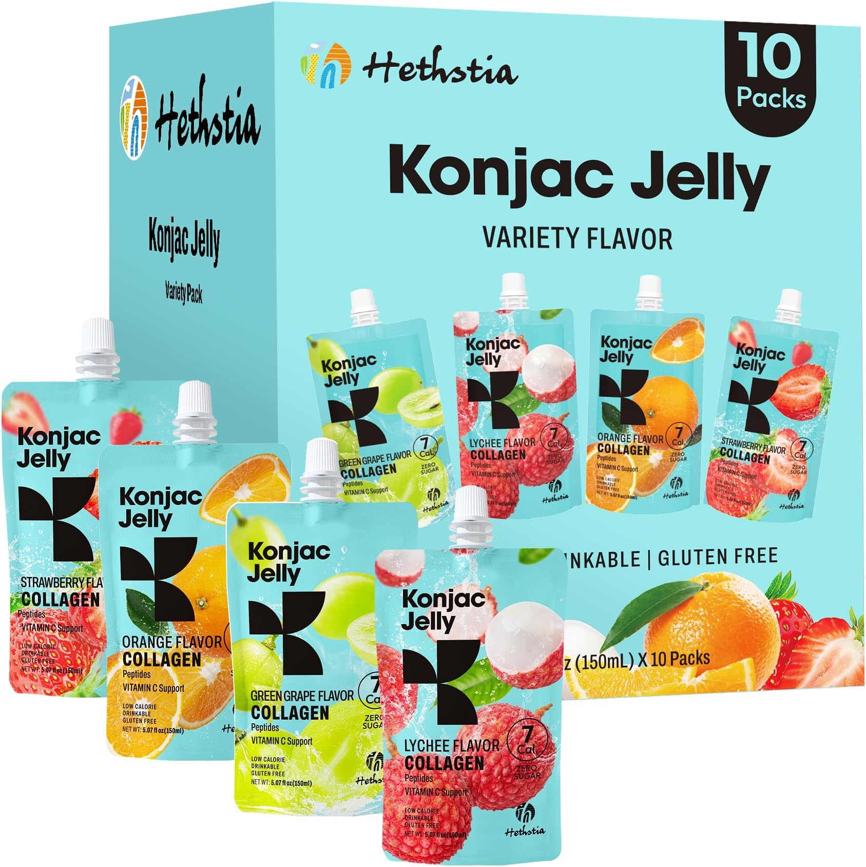 Hethstia Konjac Jelly Collagen Peptides Various Flavors - Lychee, Green Grape, Strawberry & Orange | Low Calorie, Sugar-Free, Keto, Gluten-Free, Vitamin C | 10-Pack Portable Healthy Snacks