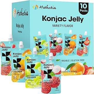 Hethstia Konjac Jelly Collagen Peptides Various Flavors - Lychee, Green Grape, Strawberry & Orange | Low Calorie, Sugar-Free, Keto, Gluten-Free, Vitamin C | 10-Pack Portable Healthy Snacks