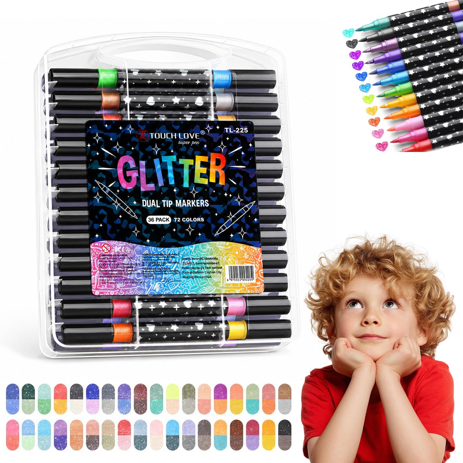 Navea Modamissy Glitter Pens, Dual-Tip Glitter Marker Pen Set with Brush and Round Tips, Shimmer Colors for Drawing, Coloring, Journaling, DIY Crafts and Cards，36PCS