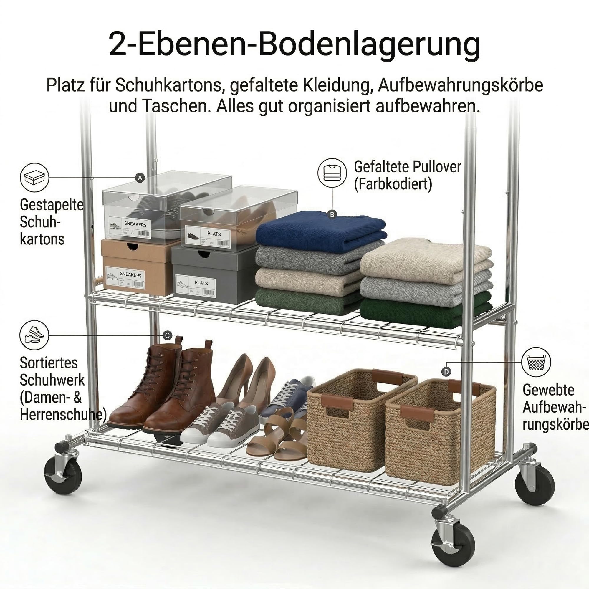 Schwerlast Kleiderständer auf Rollen, Doppelte Kleiderstange bis 150 kg belastbar, Ausziehbar 130-190 cm, Industrie-Design Garderobenständer mit 2 Ablagen, Chrom
