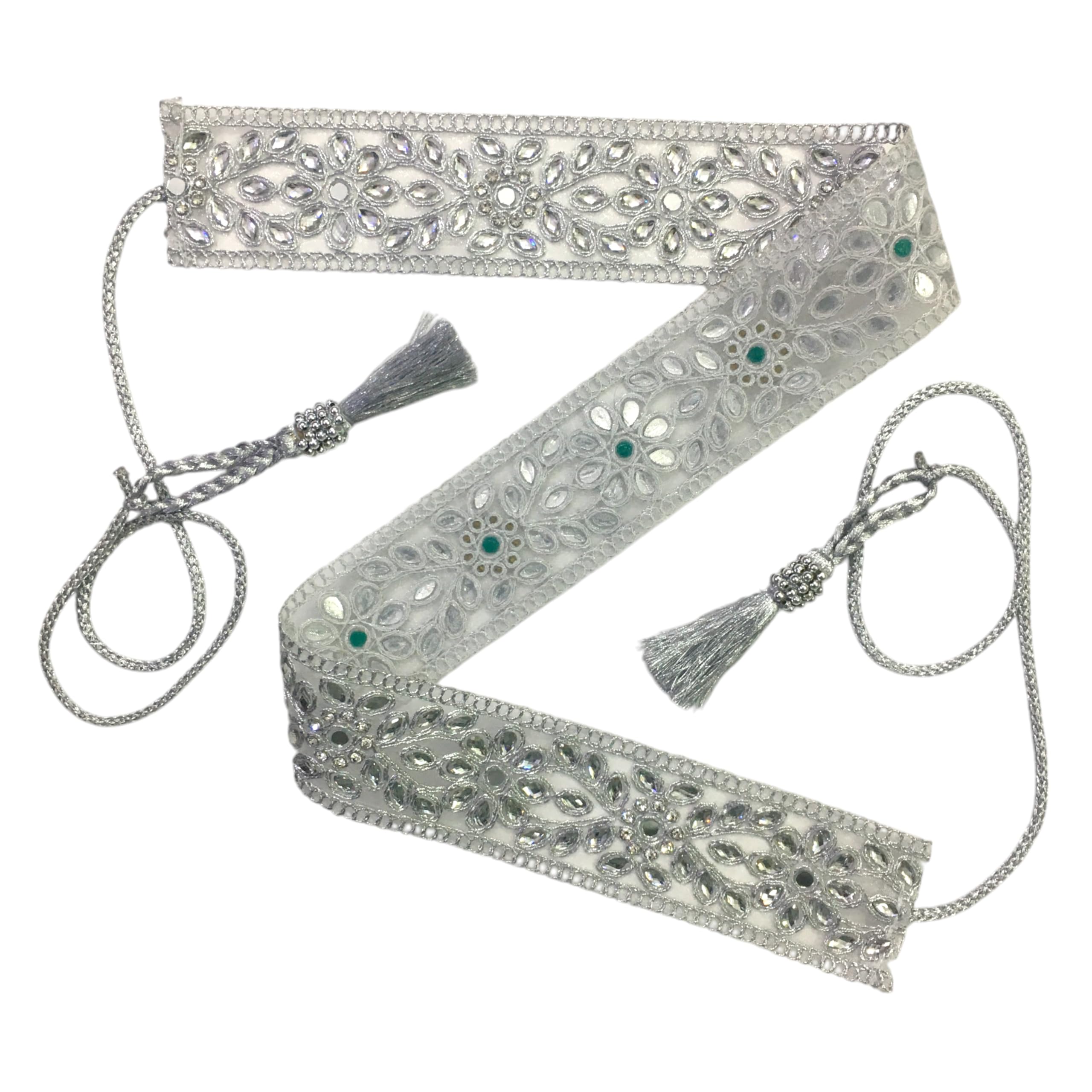 Decorative Waist Belt for Saree, Traditional Vaddanam Kamarbandh, 50mm Wide, Gold and Silver Crystals with Tassels, 26 Inches-image-43