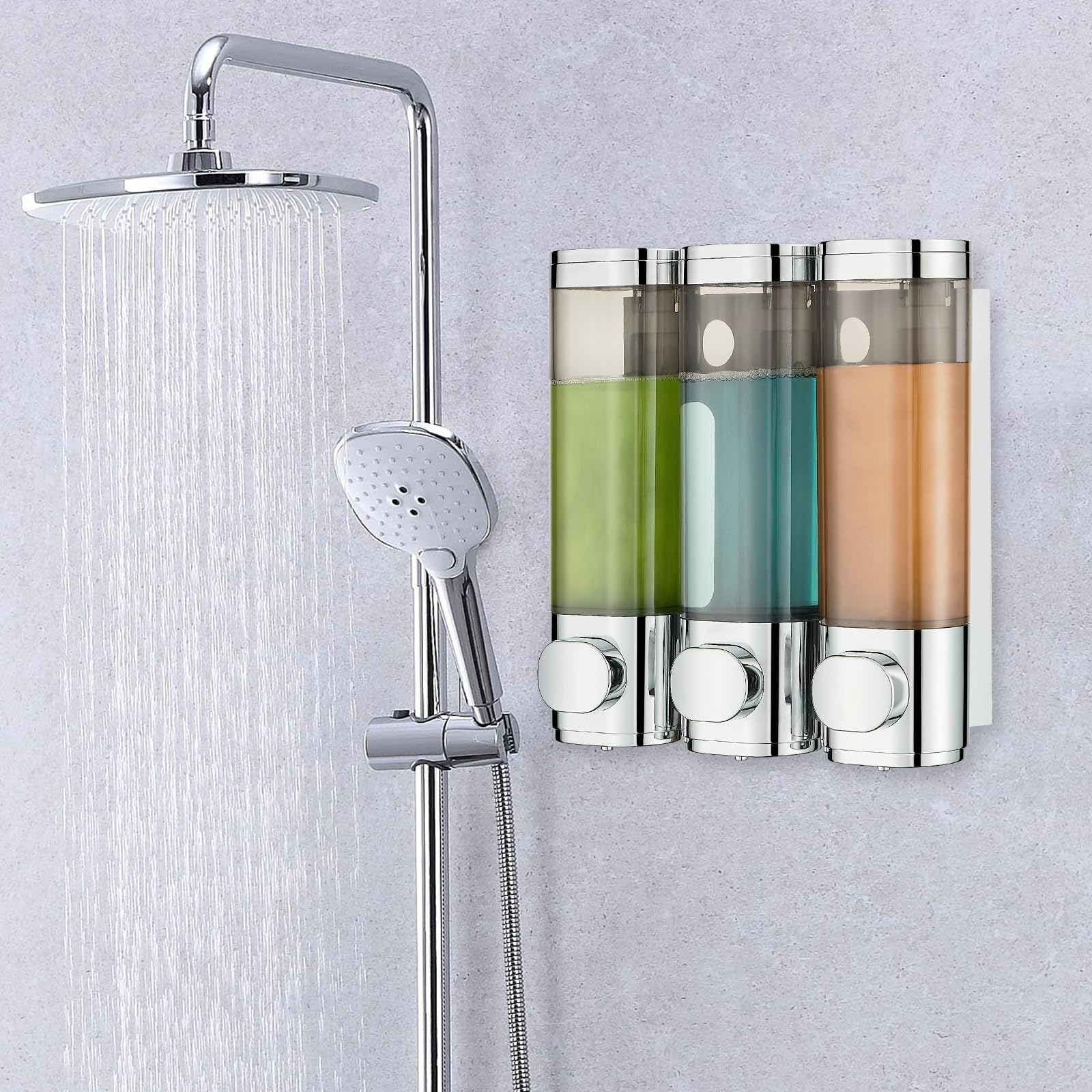 modunful Shower Dispenser 3 Chamber No Drill Shampoo Dispenser for Shower Wall Mounted Shampoo Conditioner Body Wash for Bathroom,Large Capacity,Chrome - Image 2