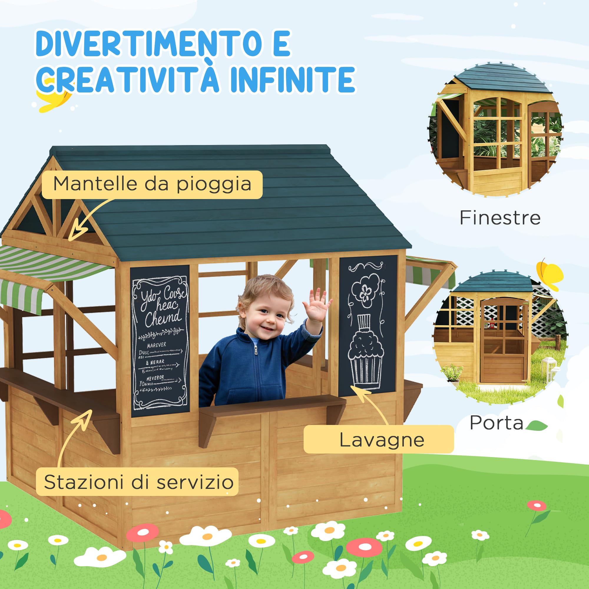 AIYAPLAY Casetta per Bambini in Legno di Abete, Casetta da Giardino Pieghevole con 5 Finestre, Tettoia, Porta e 2 Lavagne Nere, Casa da Esterno per Bimbi 3-8 Anni, 173x117x144 cm, Marrone