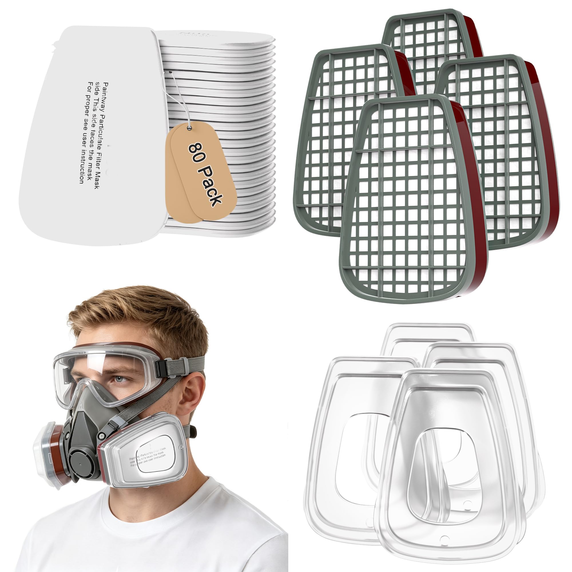 6001 Respirator Filter Cartridges Set, 80Pcs 5N11 Filter Cotton + 4 Filter Cartridges + 4 Cover, Anti Dust,Gases, Spray Paint, Chemical, Respirator Filters for 6100 6200 7501 7502 6502 6800 Gas Mask
