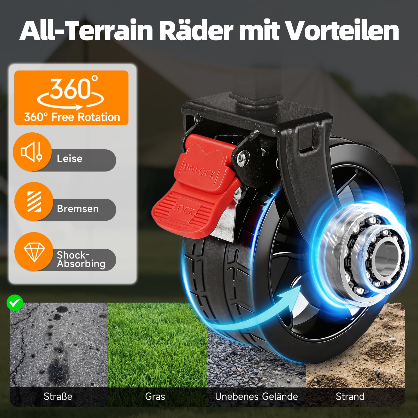 HAUSPROFI Carrello pieghevole da 100 l, portata 100 kg, adatto per fuoristrada, con freni, All-Terrain, tasca laterale e portabevande per esterni, campeggio, giardino e shopping