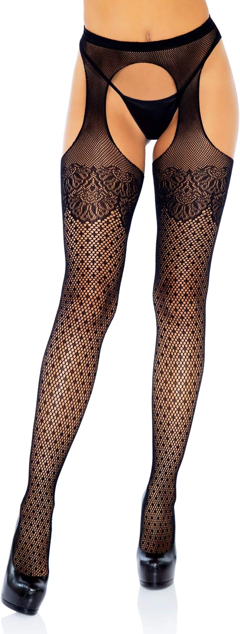Leg Avenue Women's Fishnet Stockings With Attached Garter Belt Leg Avenue Faux Lace Up Dual Net Backseam Stockings
