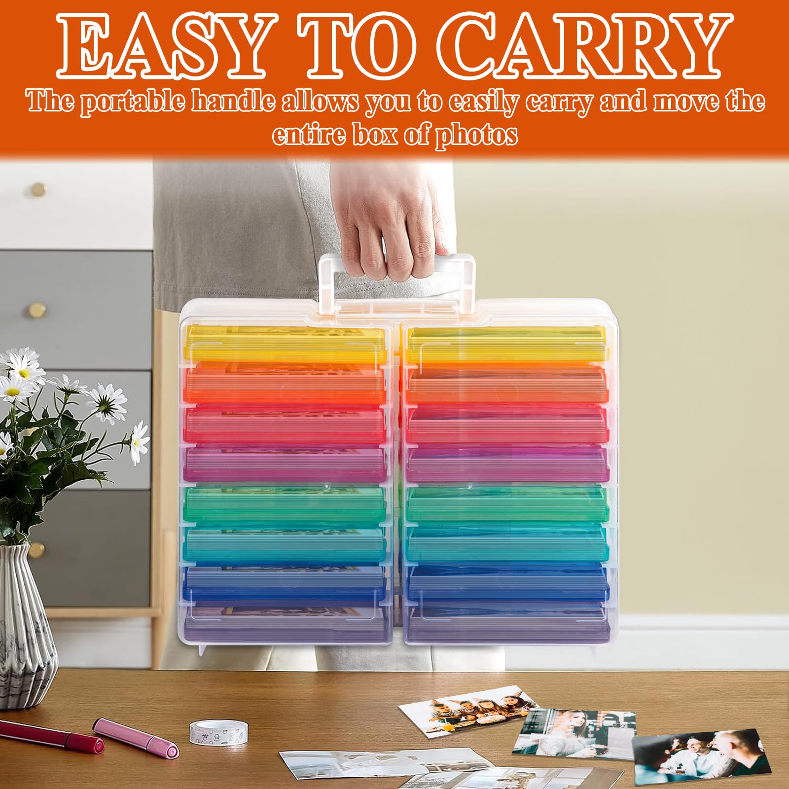 FAMKEEP Boîtes de Rangement Photos,16 Compartiments Intérieurs pour Photos Multicolore,Mallette de rangement Portable avec D'étiquettes Autocollantes,pour Photos,Graines,Fournitures de Bureau