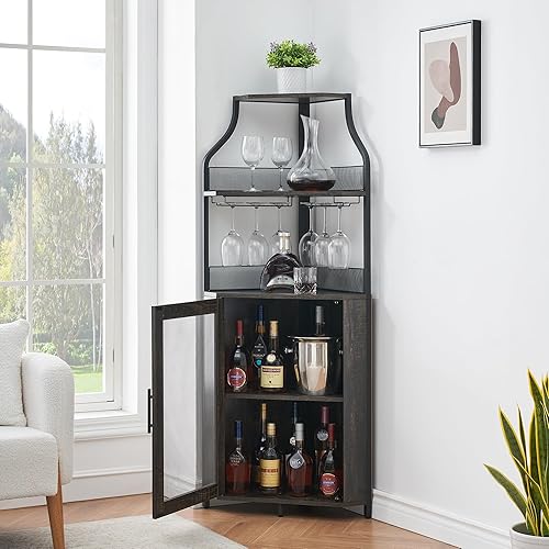 Miniatura 11 de GarveeHome - Gabinete de vino de esquina con estante de vino desmontable, gabinete de bar de esquina industrial de 5 niveles con puerta de granero y
