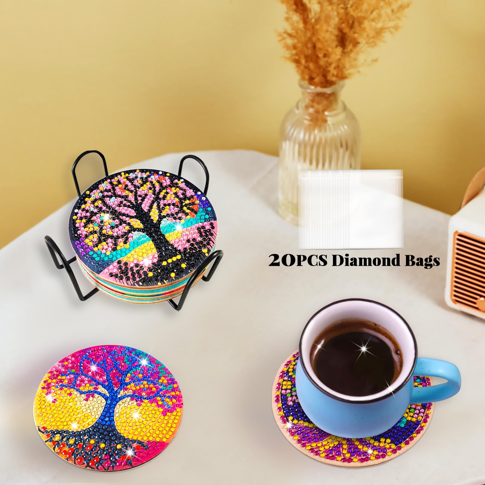 8 stuks onderzetters voor diamantschilderen met houder blauw en wit porselein diamant kunst onderzetters 10 cm Chinese stijl ronde diamant kunst beker drankjes onderzetters doe-het-zelf auto