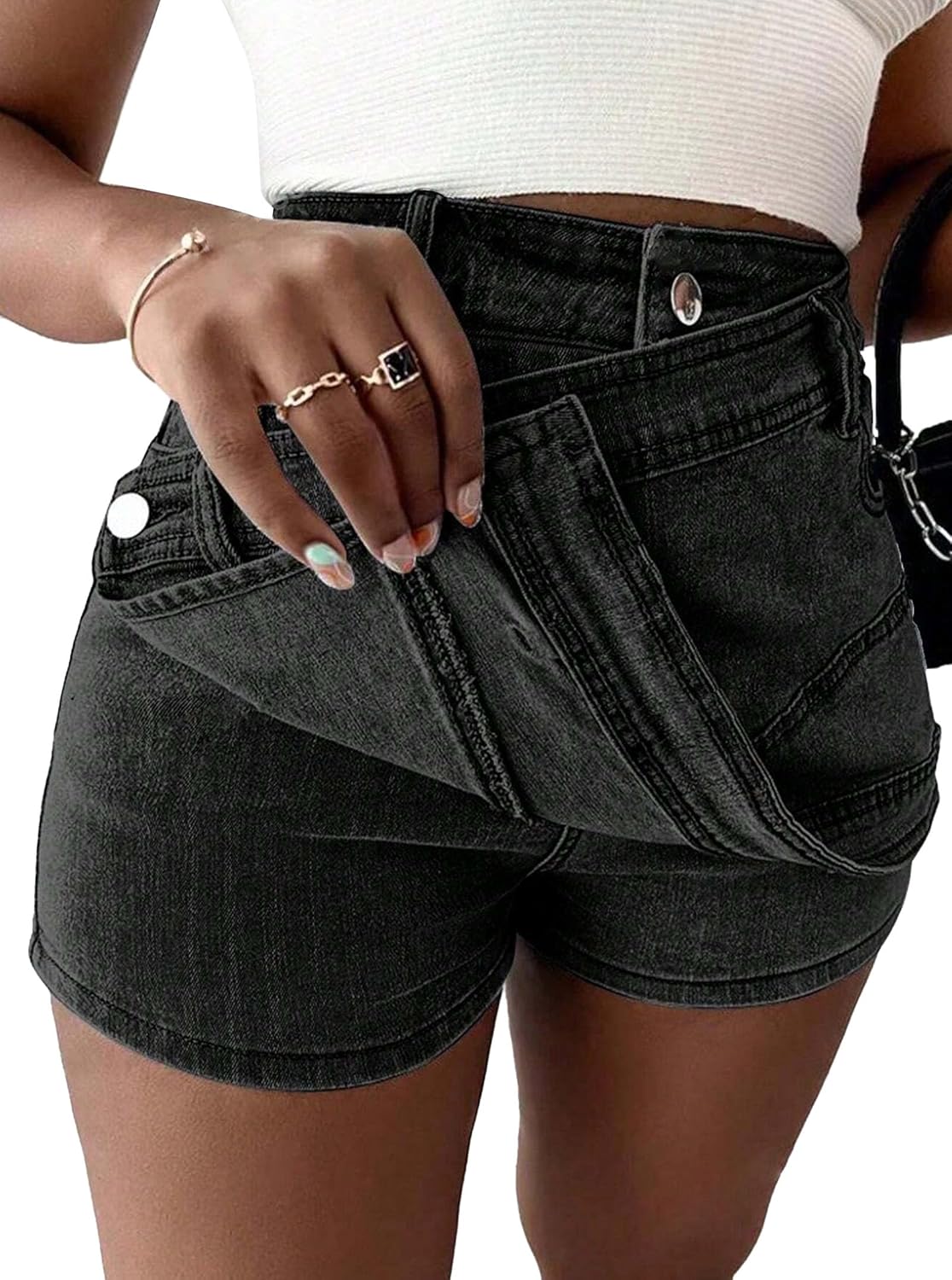 Avanova Women Denim Mini Skirt Jean Skort Sexy High Waist Asymmetrical Wrap Stretch Short Skirts - Image 3