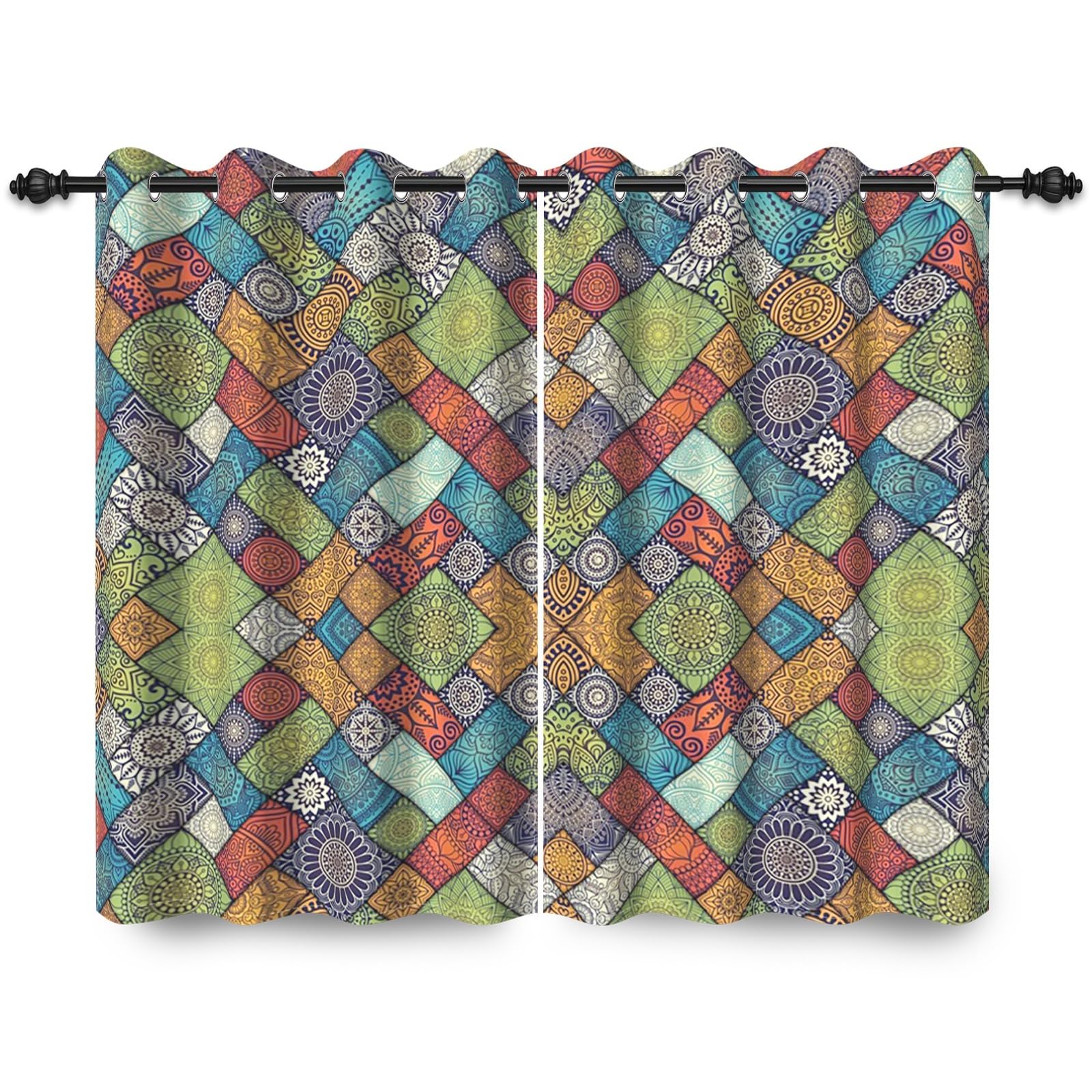 ggaimwf 42"x 63" Boho Patchwork Eyelet Curtain Retro Moroccan Colorful Ethnic Bohemian Mandala Pattern Insulated Thermal Grommet Blackout Window Drapes for Bedroom Living Room Kitchen,2 Panels - Image 3