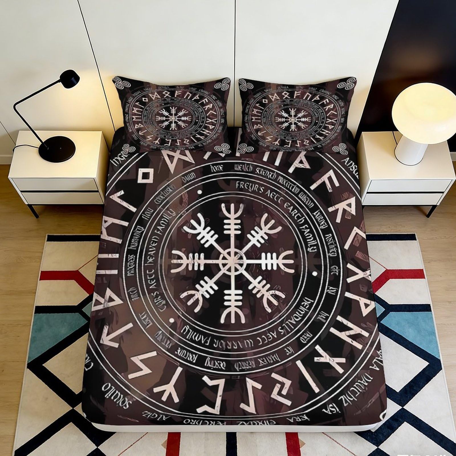 3D Printed Nordic Runes Fitted Sheet Microfiber Deep Pocket Non-Slip Rune Mattress Fitted Cover Washable Bedding for Adults 90x200x25cm