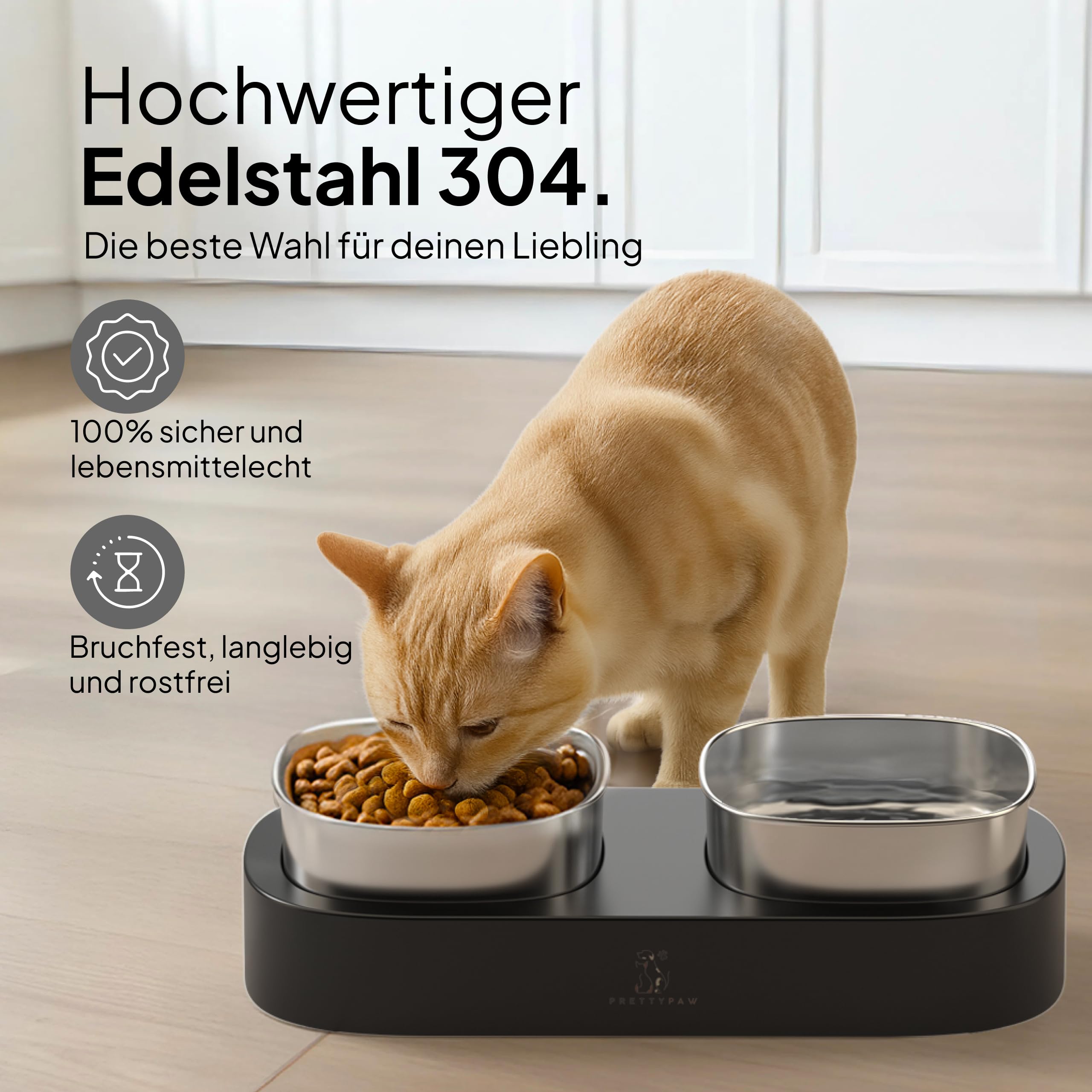 Pretty Paw Erhöhter Katzennapf – Doppel-Futternapf mit Rutschfester Plattform & Edelstahl-Schalen für ergonomisches Fressen (Schwarz)