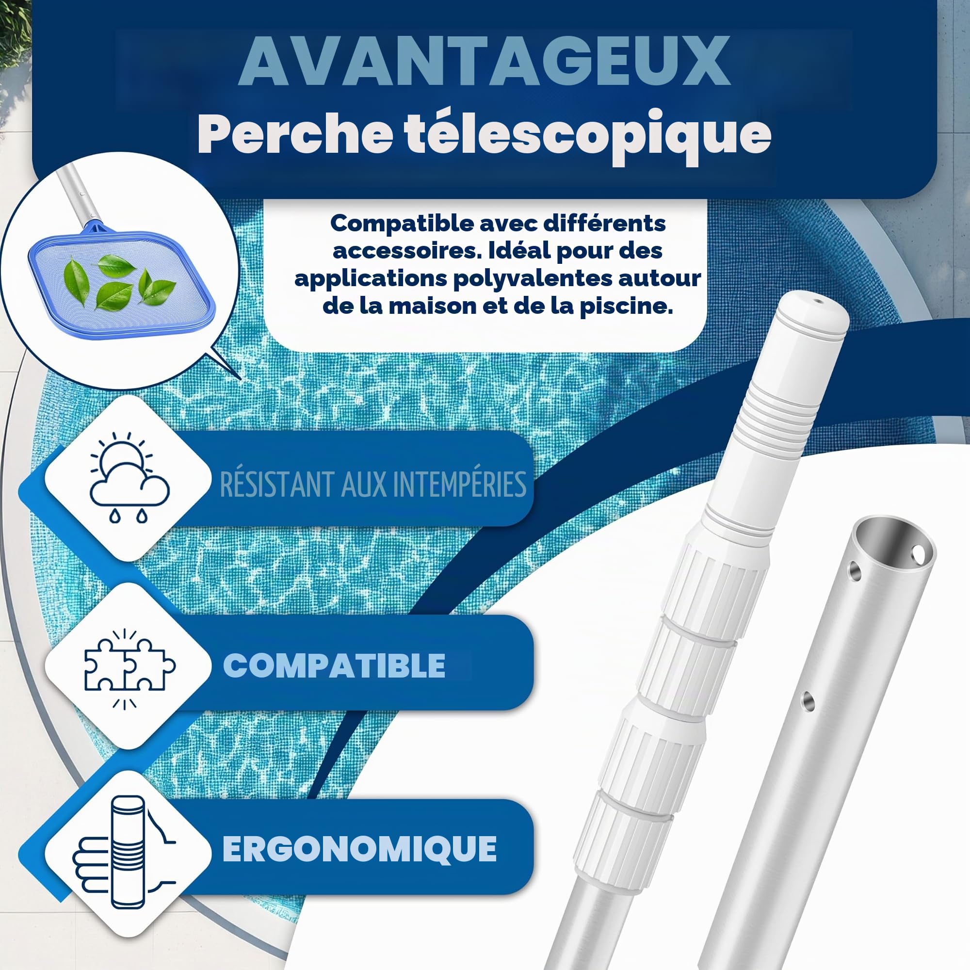 KESSER® Perche télescopique de Piscine en Aluminium Perche de Piscine | Tige pour Le Nettoyage de Piscine en 3 Parties | réglable de 1,20 m à 3,60 m | Résistant aux intempéries et Stable, Argent
