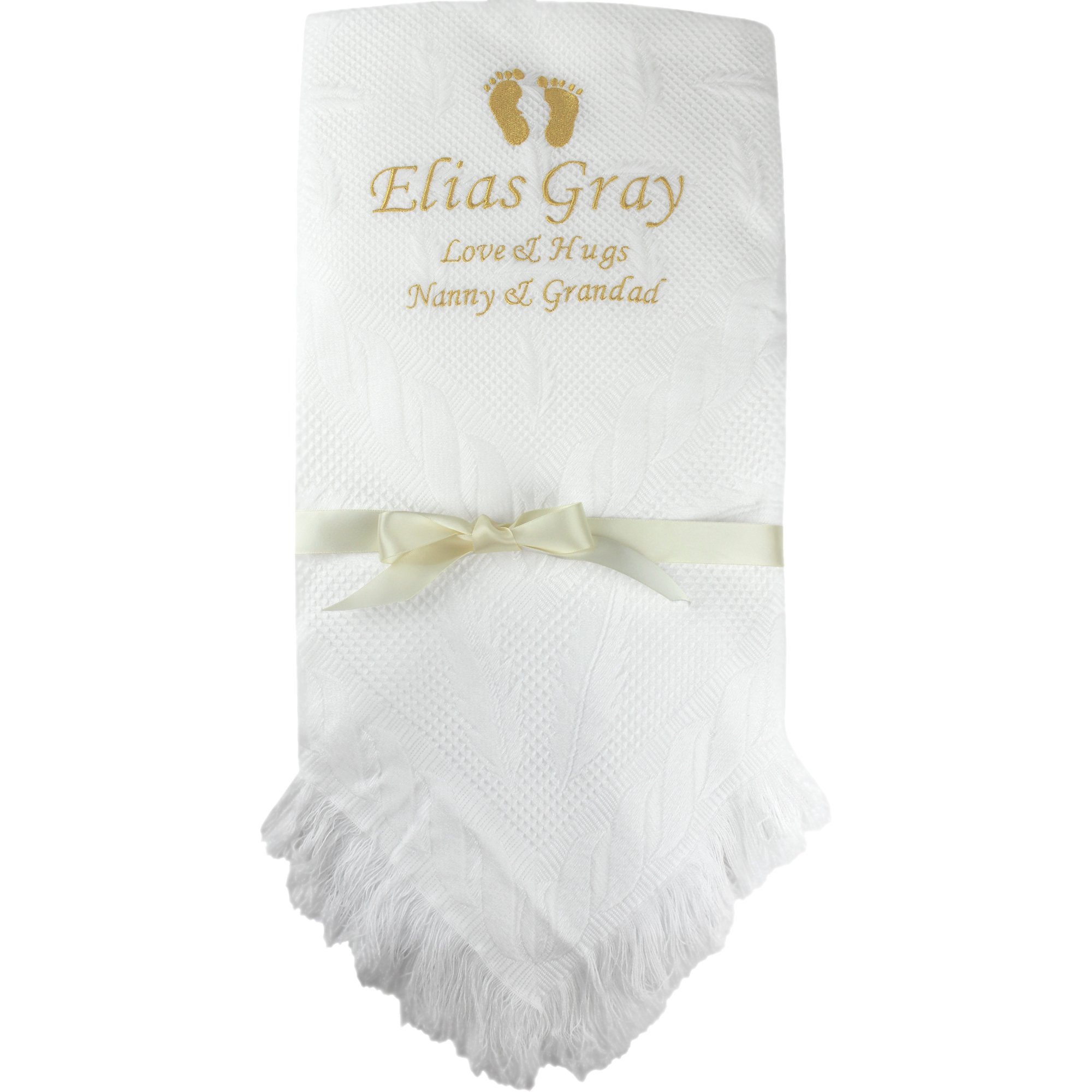 Teddyt's White With Gold Personalised Love & Hugs White Baby Shawl Blanket Gift (White With Gold)