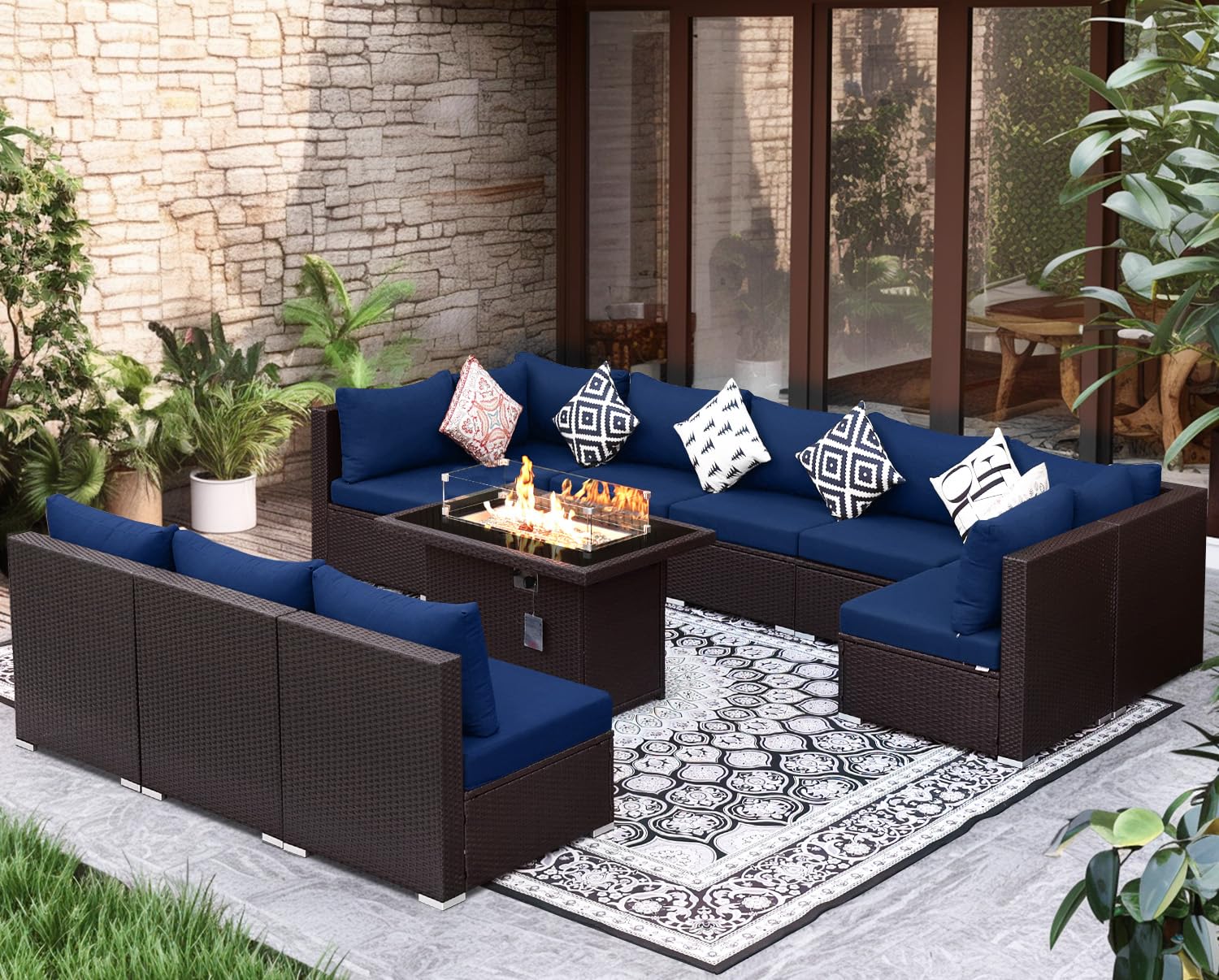 NICESOUL 11 Piece Outdoor Furniture Set with Fireplace Propane/Natural Gas, Luxury Patio Sectional 10-Person, 29.3'' High-Back Backyard Seating Area,