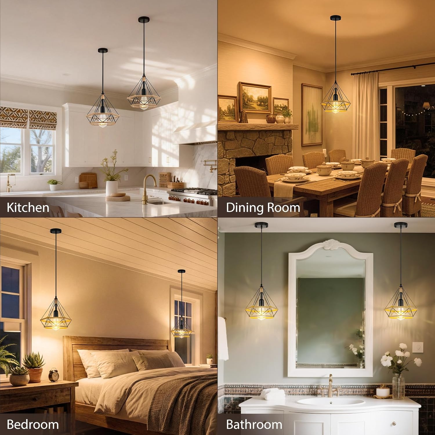ropelux Pendant Lights Fixtures, Black Farmhouse Kitchen Island Lighting, Adjustable Height Modern Metal Hanging Light Fixture for Kitchen Island Sink Dining Room Bedroom- 2 Pcs