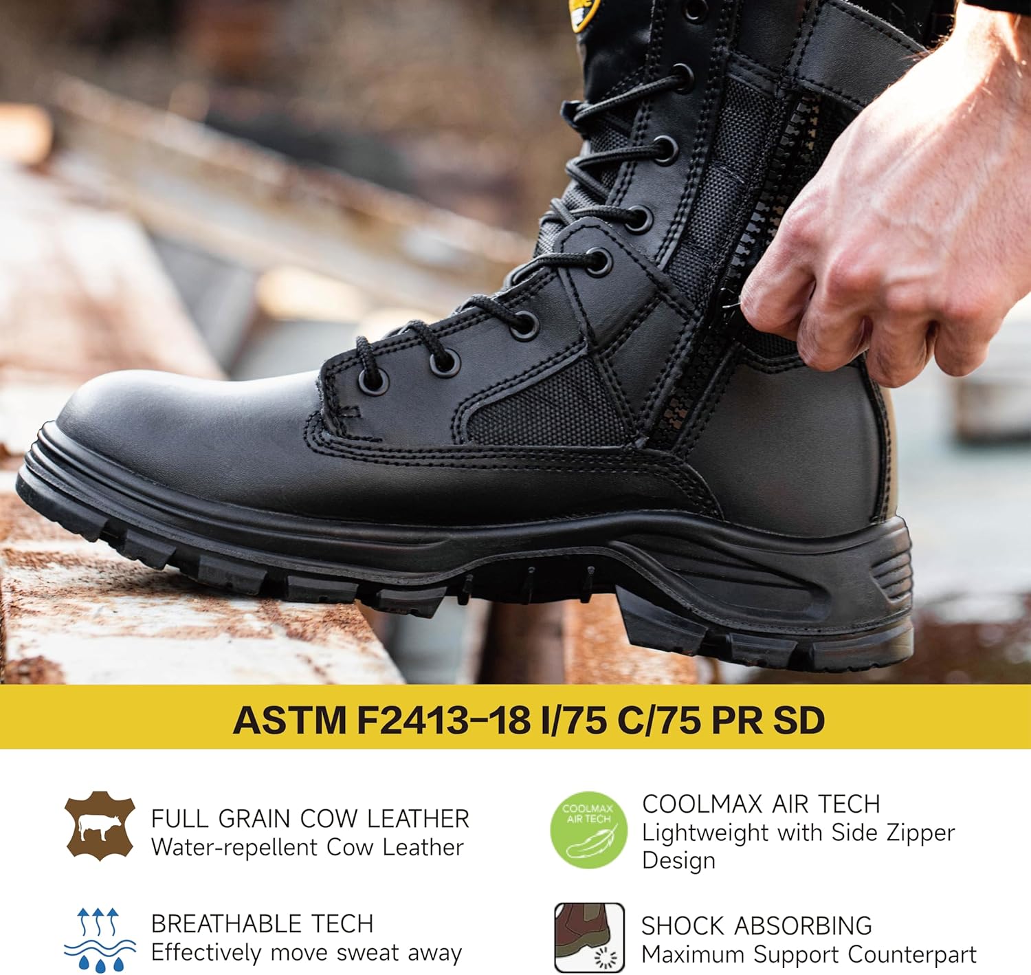 Men's Military Tactical Boots 8" Steel Toe Work Safety Boots with Side Zipper Lightweight Army Combat Boots - Image 7