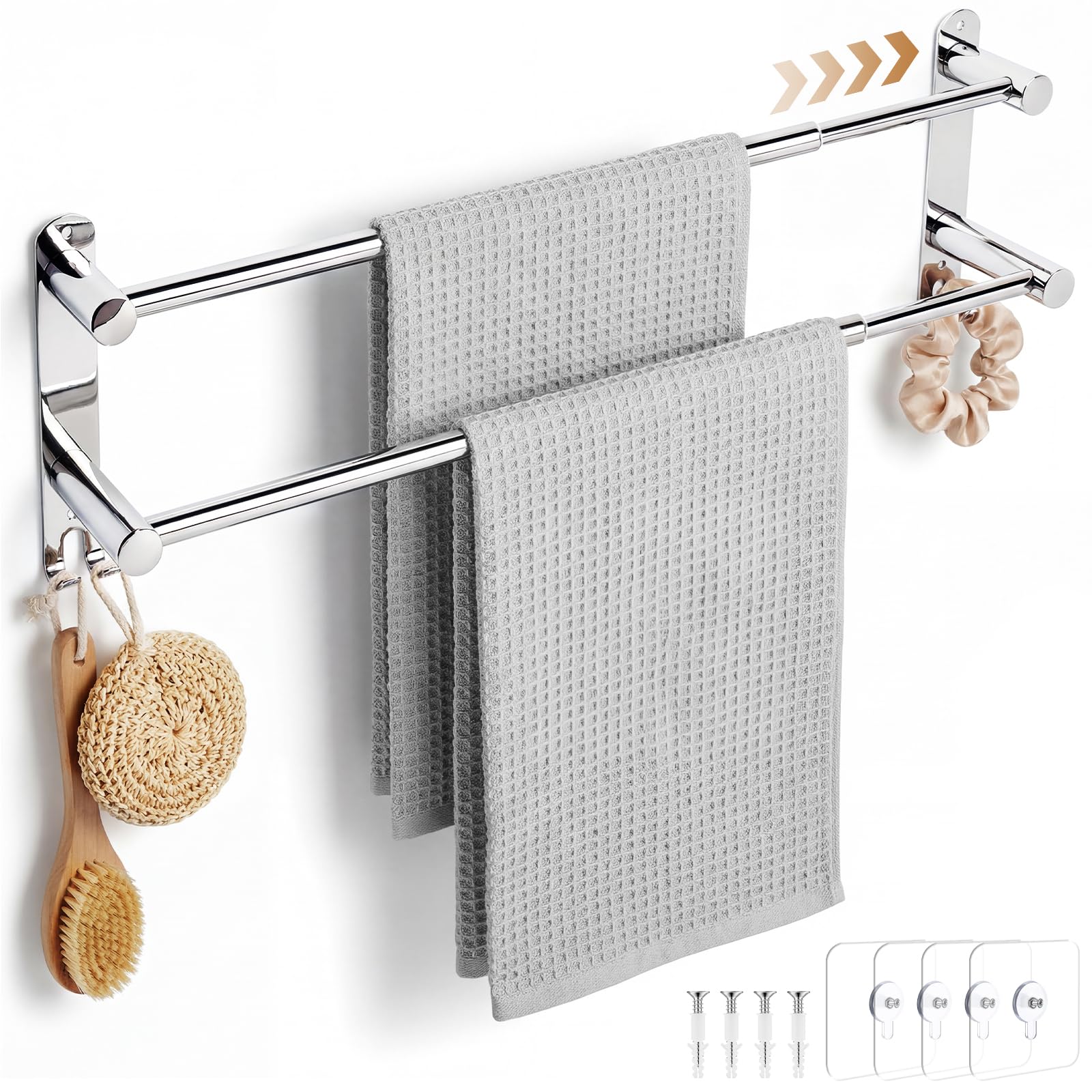 DMSELL 41-75 cm Adjustable Double Towel Rail, Self Adhesive Wall Mounted Towel Rack, Retractable No Drill Towel Holder for Bathroom