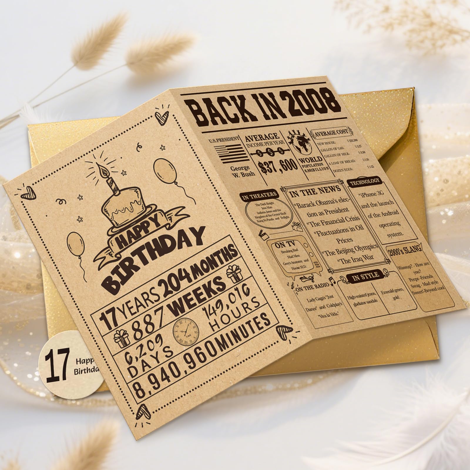 Happy 17th Birthday Cards for Son Daughter, Funny 17th Birthday Decorations for Her Him, Vintage Back in 2008 Birthday Poster for Bday Niece Nephew,