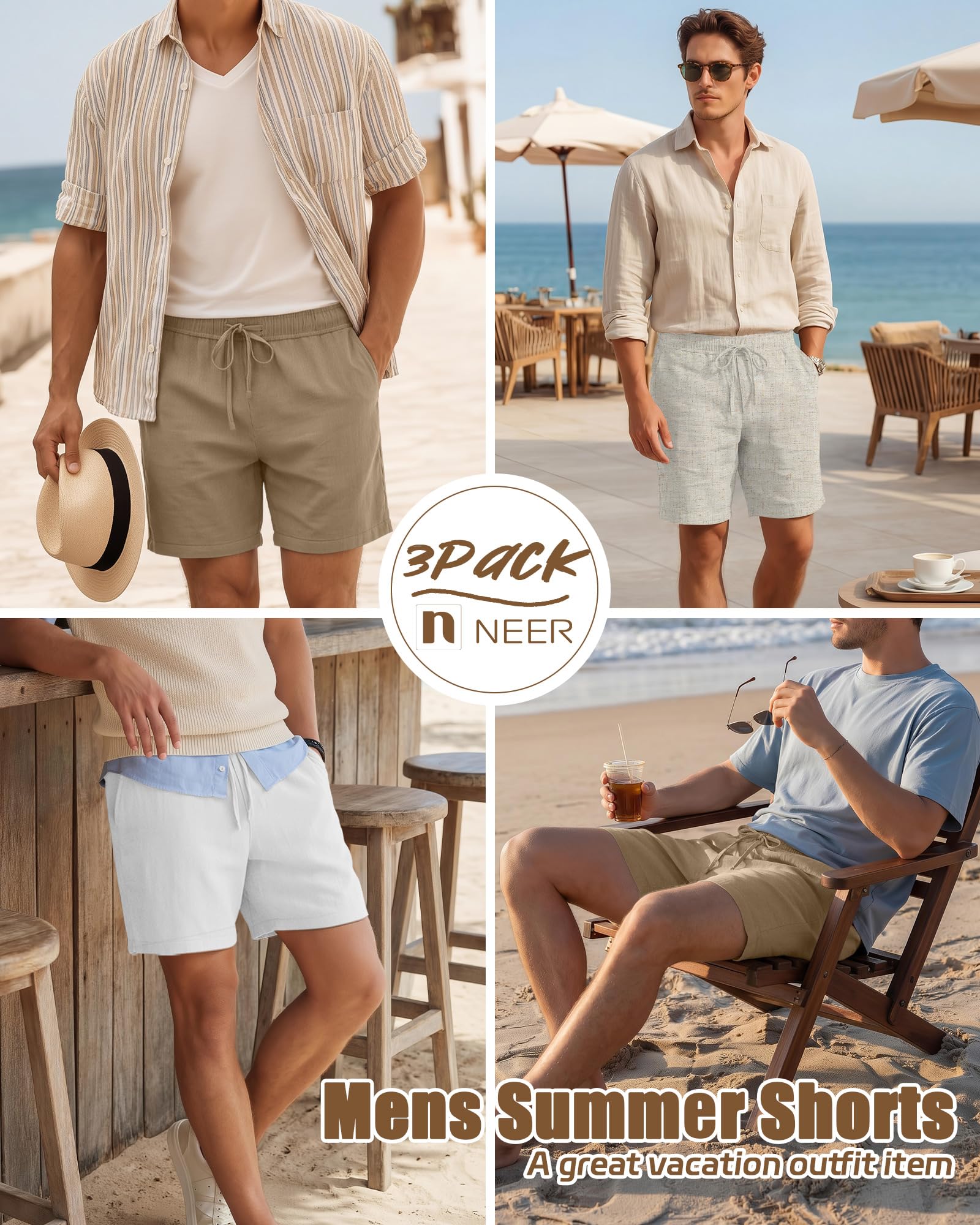 Neer Lot de 3 shorts d'été décontractés et légers en lin avec cordon de serrage à taille élastique et poches pour homme