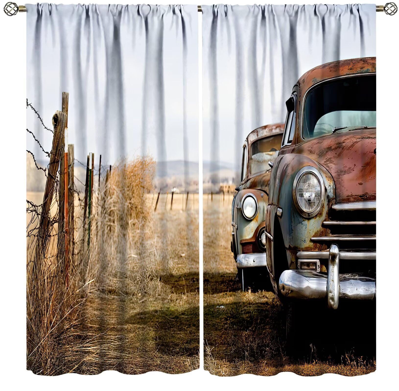 ZhiRain Vintage Car Curtains Classic Abandoned Rusty Cars Antique Old Trucks Countryside Curtain with Rod Pocket for Bedroom Living Room Decor Drapes